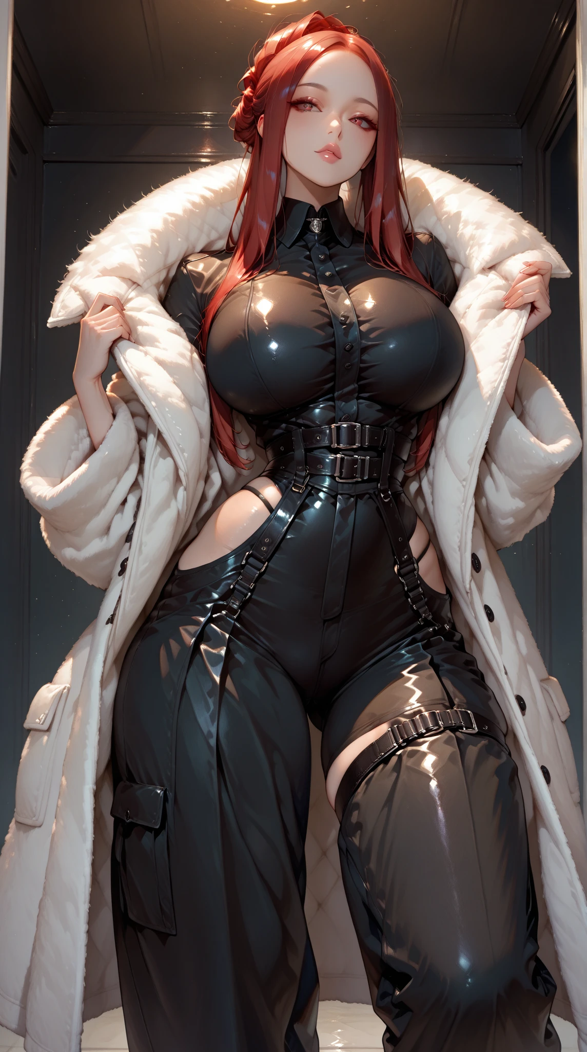 UHD 8k, HDR+, Latex girl lustful smirking smile red blush red cheeks, chain leash, kneeling, shackles, leather black collar slave, dog ears, fluffy dog ears, hands on glass breasts on glass ass on glass window fog water drop