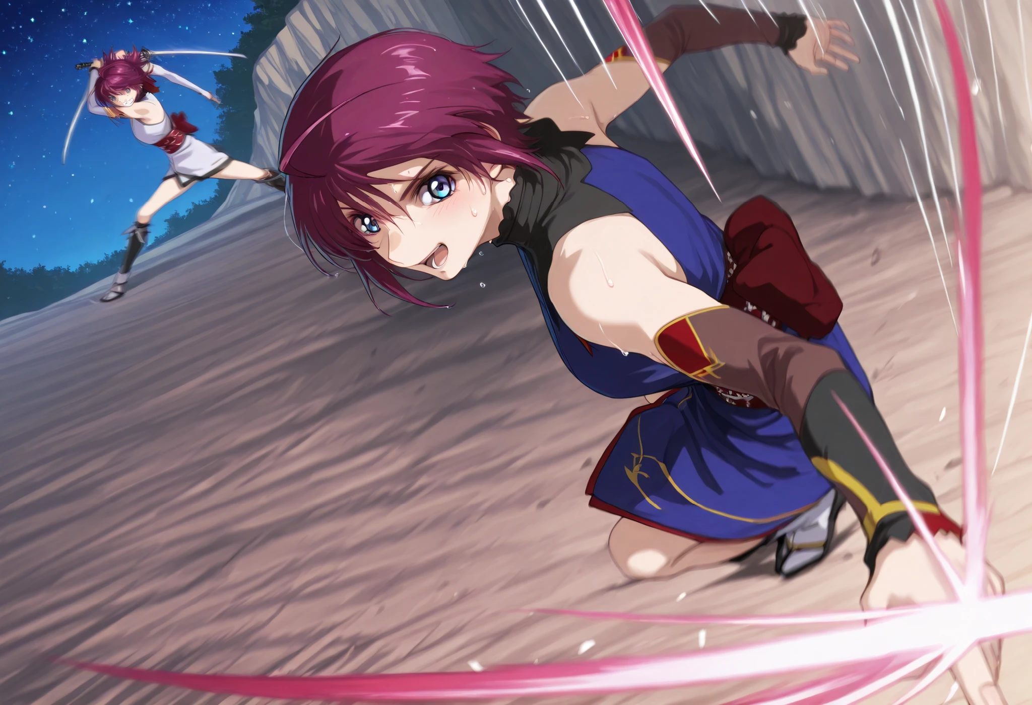 score_9, score_8_up, score_7_up, source_anime,BLE, BREAK,masterpiece,best quality, absurdres, safe 1girl,((indoor,night,,stars)),1girl,(solo),(((lunamaria:1.1))),1girl,,(((LunamariaHawke:1.1))),(((purple hair:1.3))),((ahoge:1.2)),(((short hair:1.2))),blue eyes,,(miyamoto musashi) ((bare shoulders, royal blue kimono, detached sleeves, elbow sleeve, Japanese clothes, kimono, obi, sash, sleeveless, sleeveless kimono)),sword,,NSFW,{{breathing}},full body,(Watery eye),{Wet body},,(Close-up of a girl:0.7),(((add energy to the scene. Motion Effect))), (Like a subtle blur),bokeh,full body,(nape of neck),,((Pained expression)),(((Sweat:1.4))),(grimace),blush,(((motion lines,speed line,motion blur))),(((Enduring:1.4))),(arms up) ,side view, smile outdoors , forest , nature , sword , holding sword , fighting stance , open mouth , looking at viewer , dutch angle , cowboy shot ,((outdoor)),(((no one except for 1girl:1.4))),moves violently, , Dynamic Action Pose , (((cliff))) , (((falls))) ,red fire,holding blue energy sword, battle , fight , (action pose: 1 . 4) , (vengeful spirit come's attack) , (vs vengeful spirit) , Her pose and expression convey a sense of empowerment and strength,