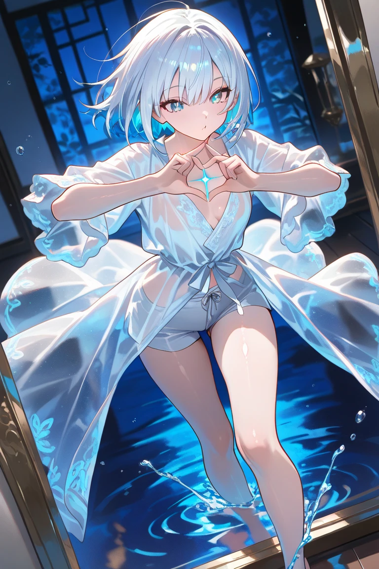 An anime teen girl, (((sitting in bed: 1.4)), cinematic light, slim body with curves, skin is perfectly white, soft, (medium breasts), smooth, ((no nsfw)), Extremely delicate and beautiful CG illustration, best quality, high resolution, dynamic angle, full-length lens, (1 girl), floating, soft light, high-key lighting), glowing light, blue energy, feathers fluttering background, blue crystal, ((((wearing nothing but a white (transparent) tank top))))