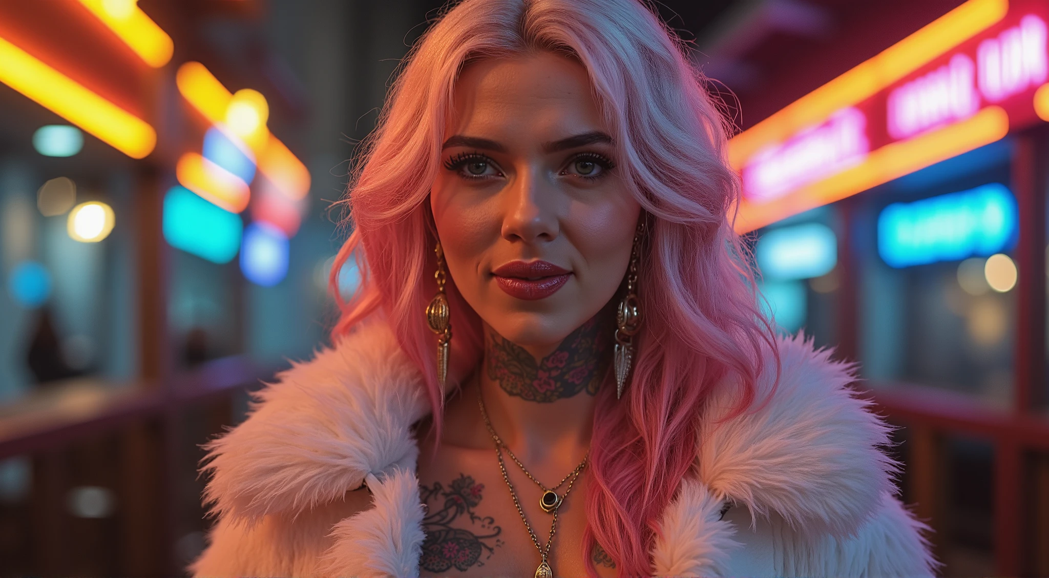 (masterpiece, best quality, 1girl, solo, intricate details, chromatic aberration), realistic,((medium breath)),long hair, blond hair, red head ornament, pink highlights, hair over one eye,purple eyes, earrings, sharp eyes, choker,black naked hoodie, (symmetry eyes),(perfect symmetrical body),against wall, brick wall, graffiti, dim lighting, alley ,look at viewer,