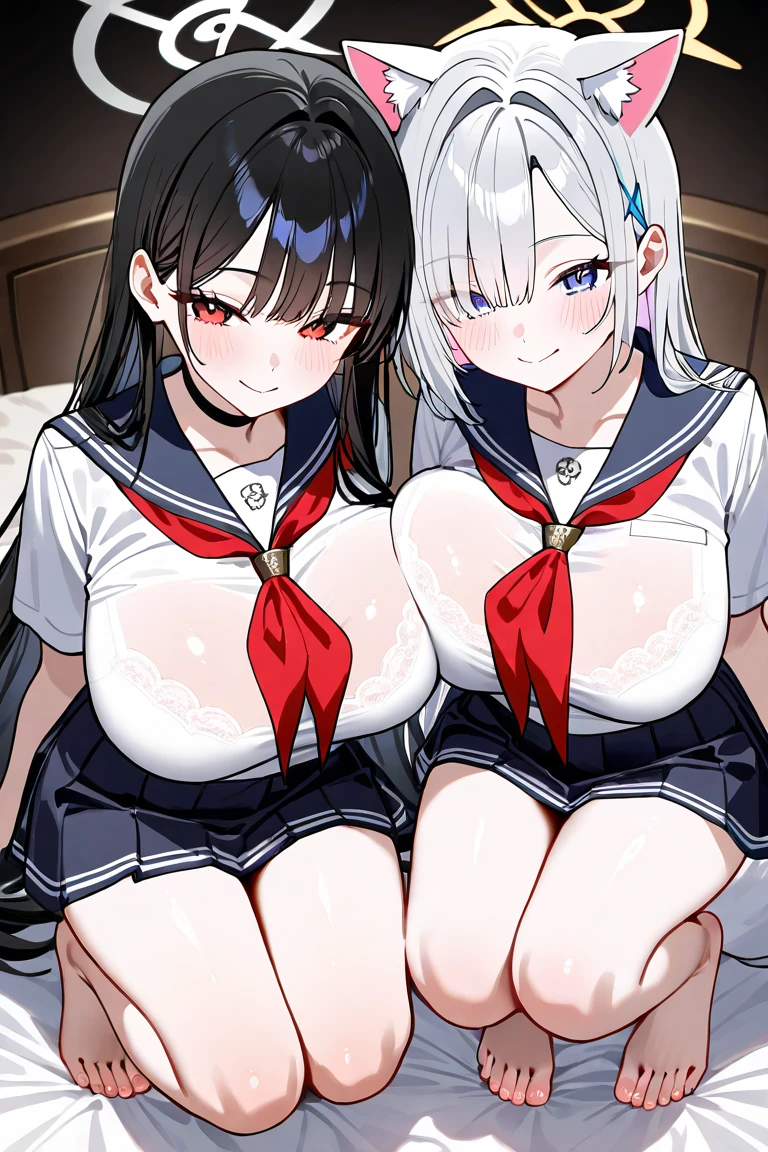 ((Two Pretty nude high school girls are kneeling Alongside on the bed)), wearing the sailor suit, ((lifting up the skirt and showing raw crotch)), no panties, skirt lift, Baby face, ((top-quality, master piece, ultra-definition, high resolution)), anime girl, ((ultra-detailed illust:1.2)), two girls, bangs, hair between eye, random colored hair, beautiful hair, random colored eyes, Shiny eyes, ((detailed eyes:1.2)), ((super gigantic breasts:1.3)), huge tits, Soft breasts, ((erected nipples)), ((cleavage of the pussy)), belly button, Big smile, enjoyed, laughing, opened mouth, in the hotel room, at dusk, ((view from below))