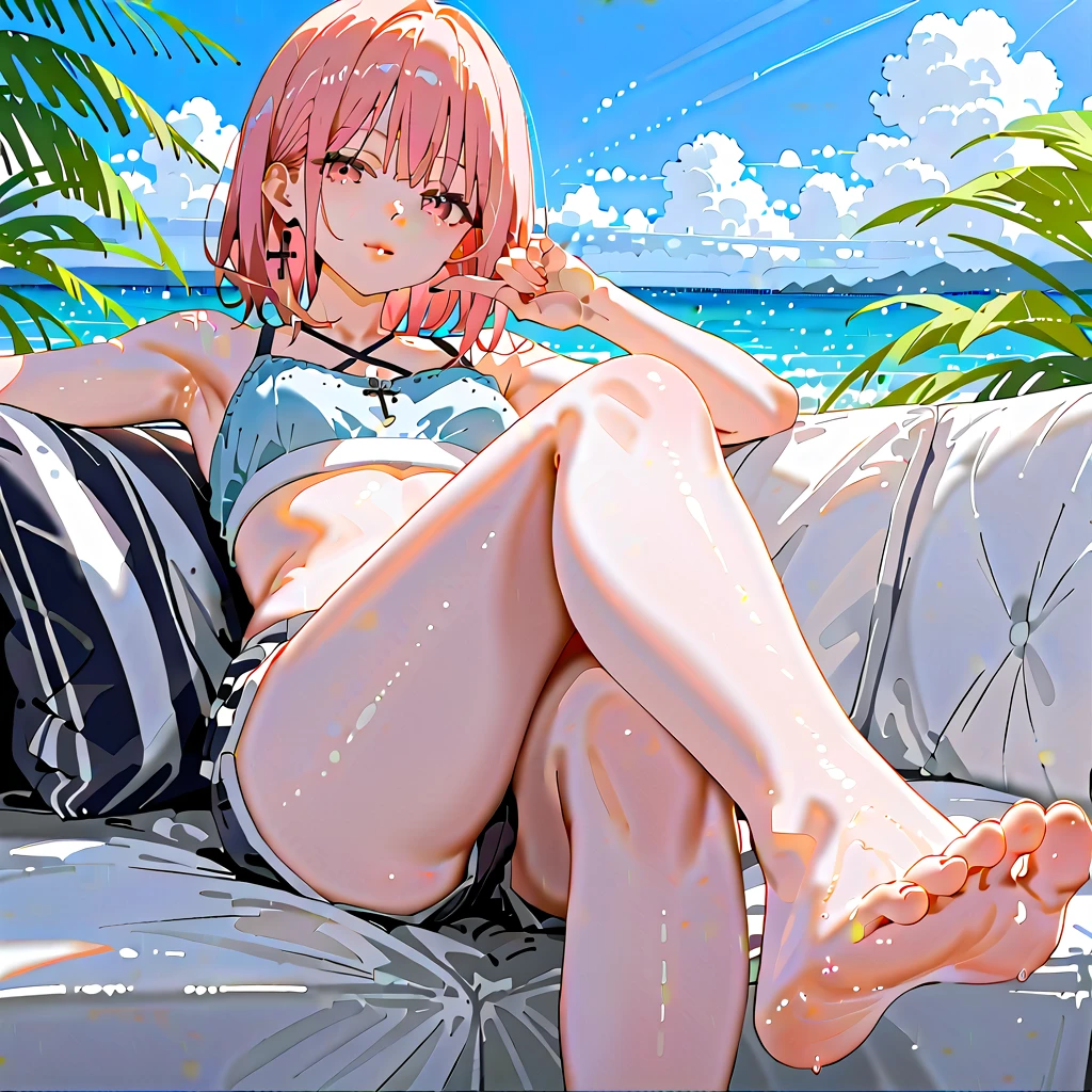 (best quality,4k,8k,highres,masterpiece:1.2),ultra-detailed,dutch angle,kemono,anime,girl,furred,anthro,full-body,alone,species,Two-toned-body,full-body,dog ears,dog tail, 35 years old,bikini,spread legs,legs up,she hold own thighs,lying on back,bikini,barefoot,navel,beach,blush,sweat,heavy breathing,steam,