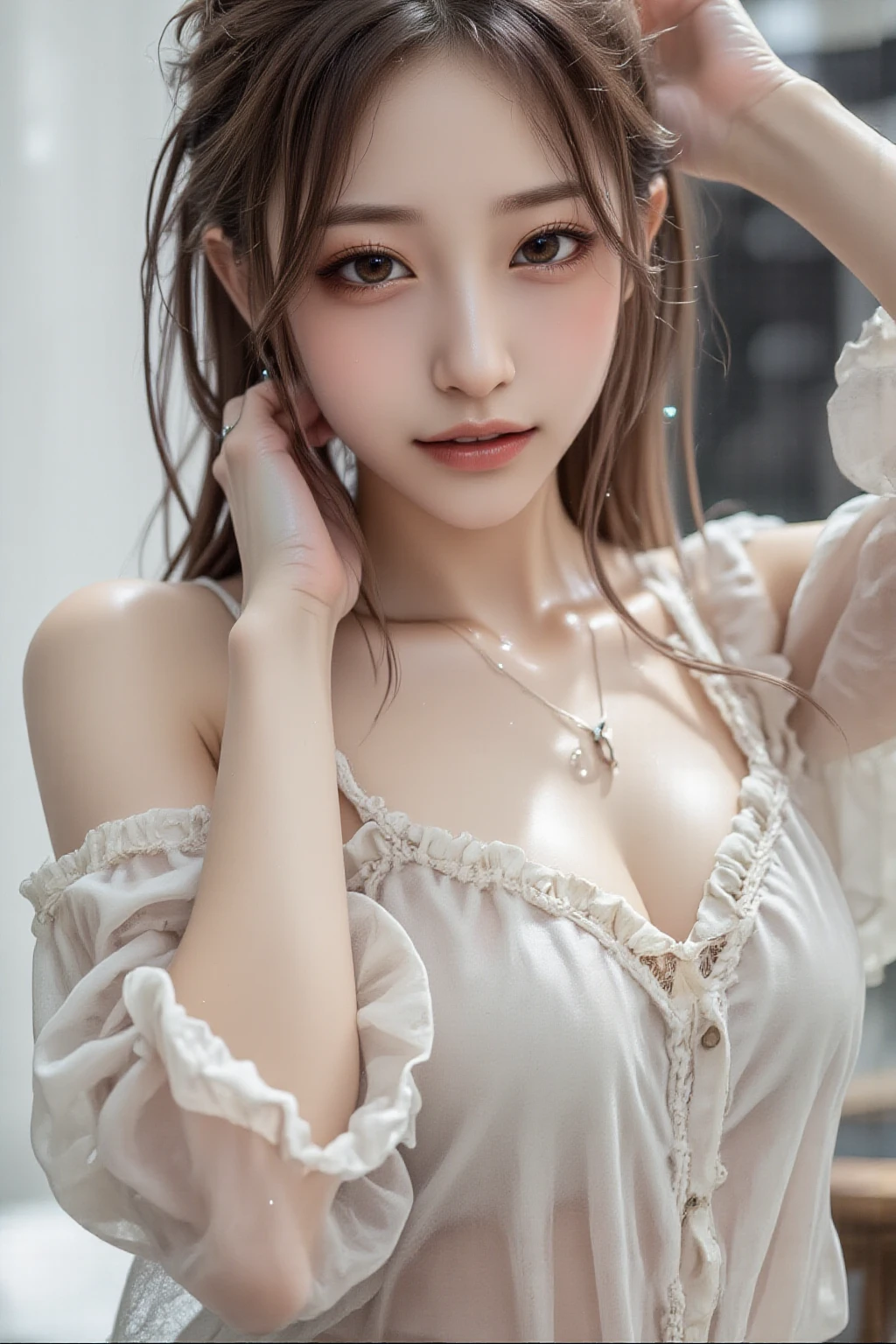Top quality, masterpiece, ultra high resolution, (photoreal: 1.4), raw photo, one girl, off-shoulder, movie lighting, ponytail, black slit long dress, thighs, chair, sofa, see-through, woman with toys between legs, squirming with remote control, coated underwear and inner thighs, she blushed and looked at me, a large amount of white liquid, white liquid on the thighs, sweat, white liquid on the face, white liquid on the face, spilled milk, clothes show through,, flickering, hot body, glamor, glamour, glamor, cleavage, middle breast, shapely breasts, (thighs), (full body),