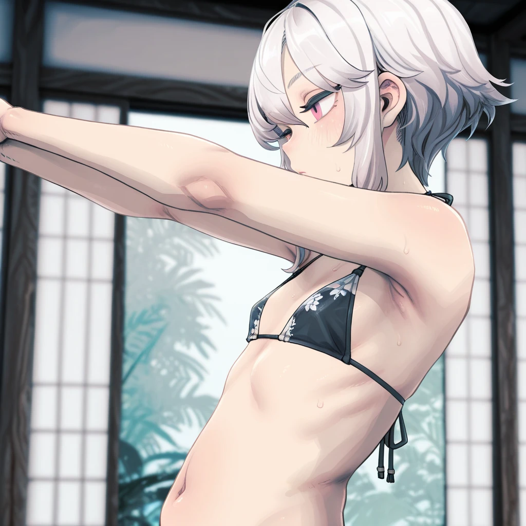 (High resolution), (super delicate), (clear), Realistic,white hair girl.Wearing a revealing bikini,Rear view,Gymnast,gymnastics arena,笑face,face,skin realism、High jumps、かわいい笑face、hilarious pose