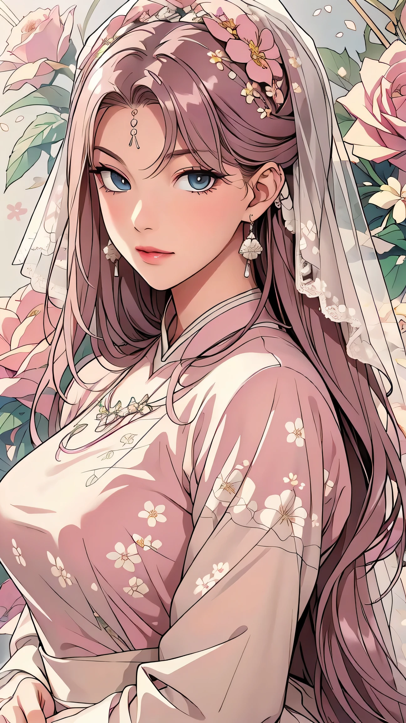 (​masterpiece, best quality, best quality, Official Art, Beautiful aesthetic:1.2), green eyes, (best quality, masterpiece painting:1.3), Immature woman, , (bust), masterpiece, ultra high resolution, (((wedding veil, lace trim dress, transparent, Wedding Dress, Outdoors, White Rose, (long sleeve:1.2), Pink Bow,))), Decorative panel, Abstract art, (taken from a side angle), (photorealistic:1.0), ((pale pink hair)), straight hair , beautiful and shiny hair,  white radiant skin , painterry, sketch, texture, ultra high resolution, solo, beautiful woman in silya room, very detailed, (fractal art:1.1), (colorful:1.1), (Floral:1.6), most detailed, ( zentangle :1.2), (dynamic pose with well-shaped nipples), (abstract background:1.3), (shiny skin under clothing), (Many colors:0.8), (earrings:1.4), (feather:0.9), Taisho Romance,