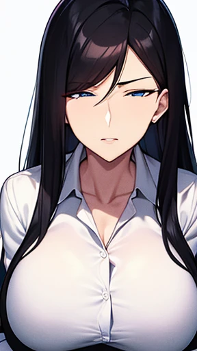 masterpiece, best quality 1girl, solo, beautiful woman, bangs, black hair, long hair, him cut, dark blue eyes, dark eye bags, deep blush, grin, medium breasts, black top, short black skirt, plated skirt, looking at viewer, bedroom background