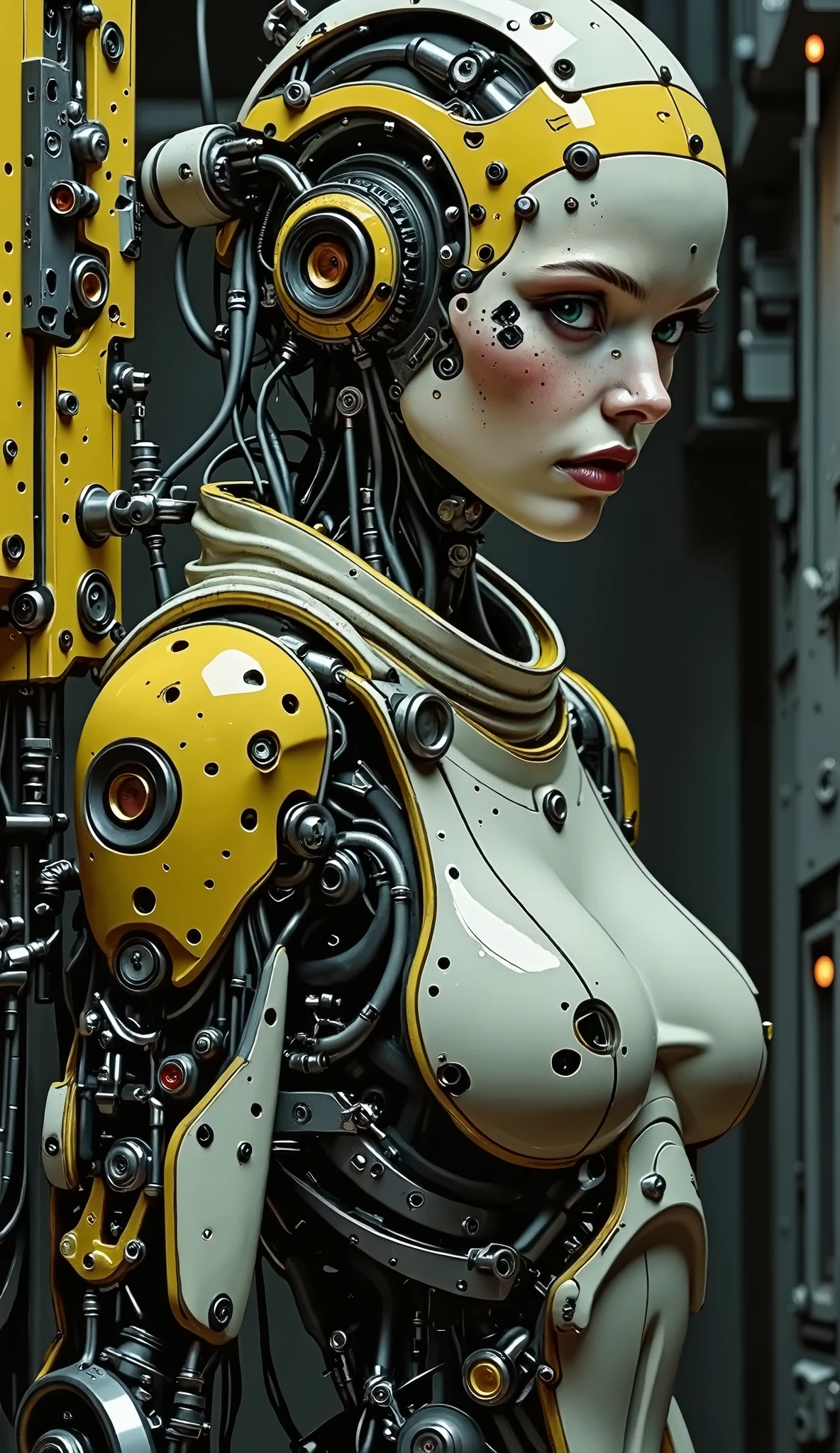 High quality professional illustration of a mesmerizing work of art, a captivating poster combining the styles of Hieronymus Bosch and Hans Rudolf "Rudi" Giger, depicting a space shuttle decorated with numerous otherworldly, metallic, aged elements. The turret displays worn yellow paint, intricate hydraulics, textured corrugation, and fine perforations throughout. Incredibly detailed CG Unity 8k wallpaper depicts a sinister swamp spirit girl in a sharp portrait against a complex backdrop of a black snake forest. The work is reminiscent of hyper-detailed paintings with a fantasy art book cover aesthetic. The scene is set in a swamp, showcasing the girl’s smile, dynamic pose, and swamp mud skin, all highlighted by vibrant green algae. The image captures intricate details with pin-sharp focus and dramatic lighting. Offering a mesmerizing visual experience in 8K HDR resolution. This complex and vibrant composition captures the complexity of the poster, created with extraordinary detail and brightness. The image is displayed in high 4K MP resolution, optimized for stunning 8K display quality. Enhanced color depth and stunning contrast are achieved with advanced High Dynamic Range (HDR) technology, enhancing the visual impact of the illustration.