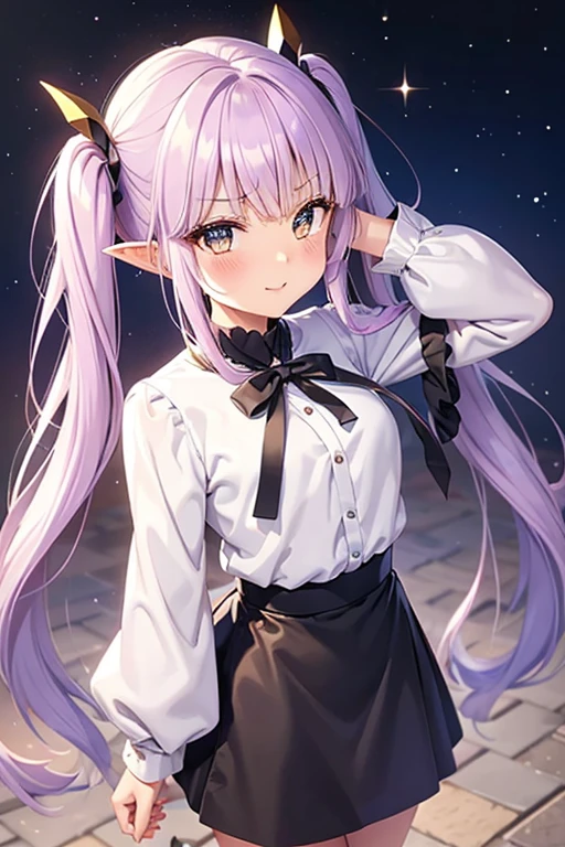 1girl,solo,,pointy ears,long hair,purple eyes,bangs,,blunt bangs,striped thighhighs,,6yo,flat chest,,(spoken heart),blush,outdoor