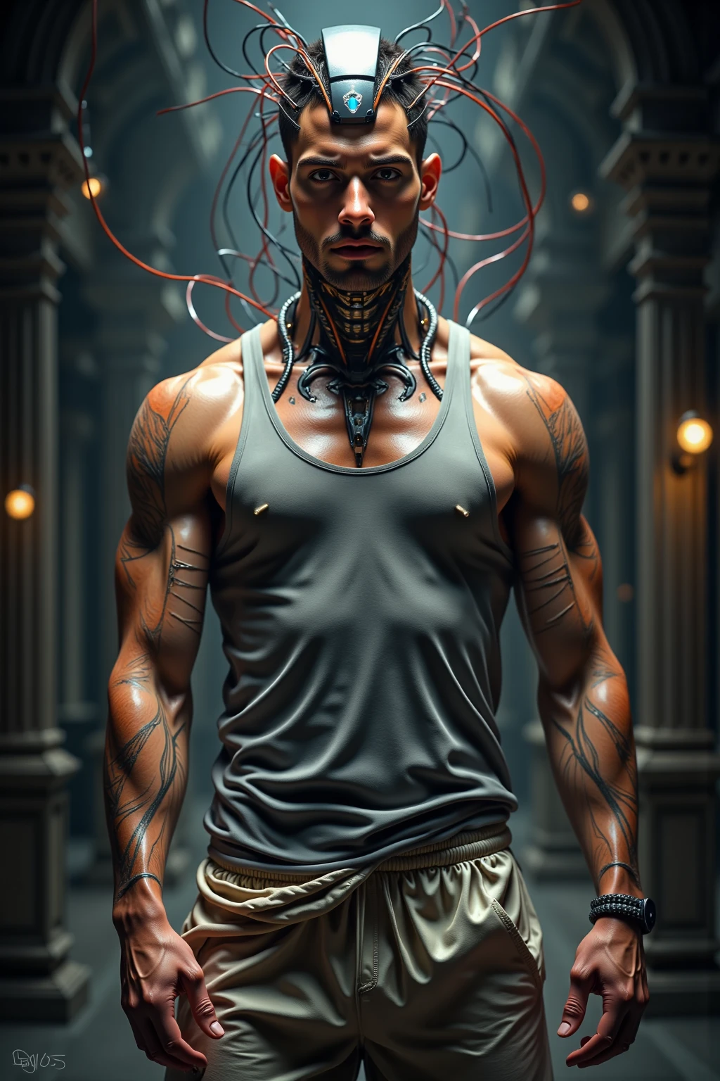 (The art of leading technology,1.4),Technology and the future,Ahead of the curve,(Electronic systems: overhead humanoid robots,Naked muscular masculinity:1.2),(tmasterpiece,best qualityer,Official fine art, Aesthetics:1.2),(Hyper-detailing),((see-through thong:1.2))((Biopunk,Cyborg man:1.1))((various old tvs in the background:1.1))finely detailled,(scybernetic,hight contrast),(Have a detailed brain that you can see:1.3),(Artistically),(Complex lines),Clear lines,s fractal art,(nakeness,Muscular macho,full-body portraits,see-through thong,Extreme closeup:1.1),(Muscular macho,Skin tone transparent tweezers:1.1)(,With a delicate heart that can be seen:1.1),The perfect facial features of a supermodel,whole body show(muscles cable wires:1.2),Large scene composition,Perfect pectorals and abs,Extremely provocative and sexy(Add details),(detailedbackground:1.2),(|cyber punk perssonage,core,),A high resolution,extremy detailed((Supermodel face Realistic skin,Ultra-artistic,I only wore a pair of thongs with a clear complexion,The structure of the large with a thick erection inside is faintly visible:1.2))((whole body display,Extreme detail:1.2))(Canon M50|100mm|sharp fokus |Gently|ultra-realistic realism |The is very detailed|intricately details |blood vessel :1.2)
