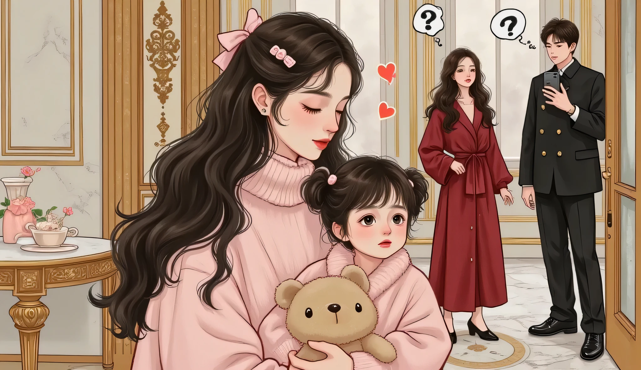 A beautiful semi-realistic manhwa-style scene set in a luxurious modern Chinese mansion, with marble floors, golden trim, tall windows, and soft warm lighting. In the foreground, a graceful but modest young woman (the nanny) with long black hair in a low ponytail, wearing a clean blouse and neutral-colored slacks, is gently holding a small girl (Tang Tang, around ) in her arms. The nanny has natural Douyin-style makeup with glossy pink lips and a slightly confused expression. Tang Tang, with black pigtails and teary red eyes, clutches a teddy bear quietly. Above both their heads float subtle comic-style question mark icons, expressing confusion. In the background, a glamorous woman wearing a bold burgundy red silk pajama set is angrily arguing with a tall man in a dark tailored suit. Their body language shows visible frustration and tension. The atmosphere is dramatic and high-end, with glowing floating bullet comments in the air like magical live-stream captions. Art style is clean, richly detailed, and semi-realistic anime/manhwa.