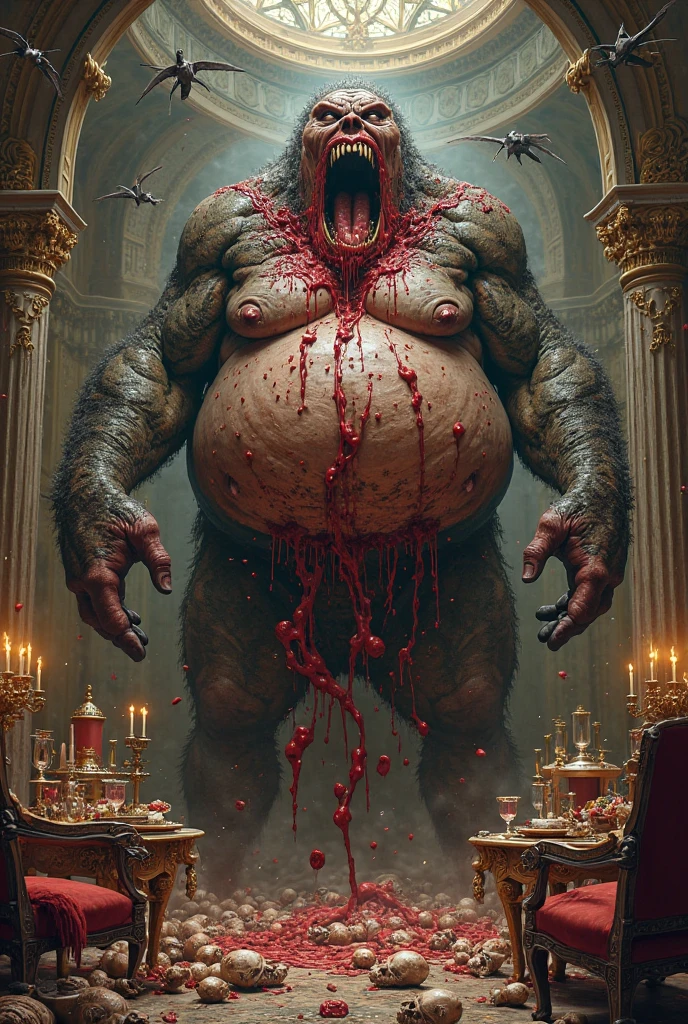 satan on his ruling throne made out of bones ,royal hall, pool of blood, red skin, chubby, hairy, hairy belly, Holding your big belly, high resolution, ultra-detailed, sharp focus, detailed eyes, symmetrical eyes, expressive eyes, clear pupils, focused gaze , king's expression is intimidating with a sense of authority, solo, masterpiece, best quality, male, mature, manly, detailed nipples, detailed navel, photorealistic, 8k, (wide dynamic range, hdr:1.2), sitting, (night:1.2), light, looking at viewer, pose, fitted underwear with a very large, realistic bulge at the front, emphasizing the natural shape, detailed fabric texture, soft shadows highlighting the contours, emphasizing the natural shape, detailed fabric texture, Blood, bones and human skulls on the ground, soft shadows highlighting the contours ,full body, spread legs, shadow, leaning back, hell, very short fur, detailed skin texture, high contrast lighting, feet