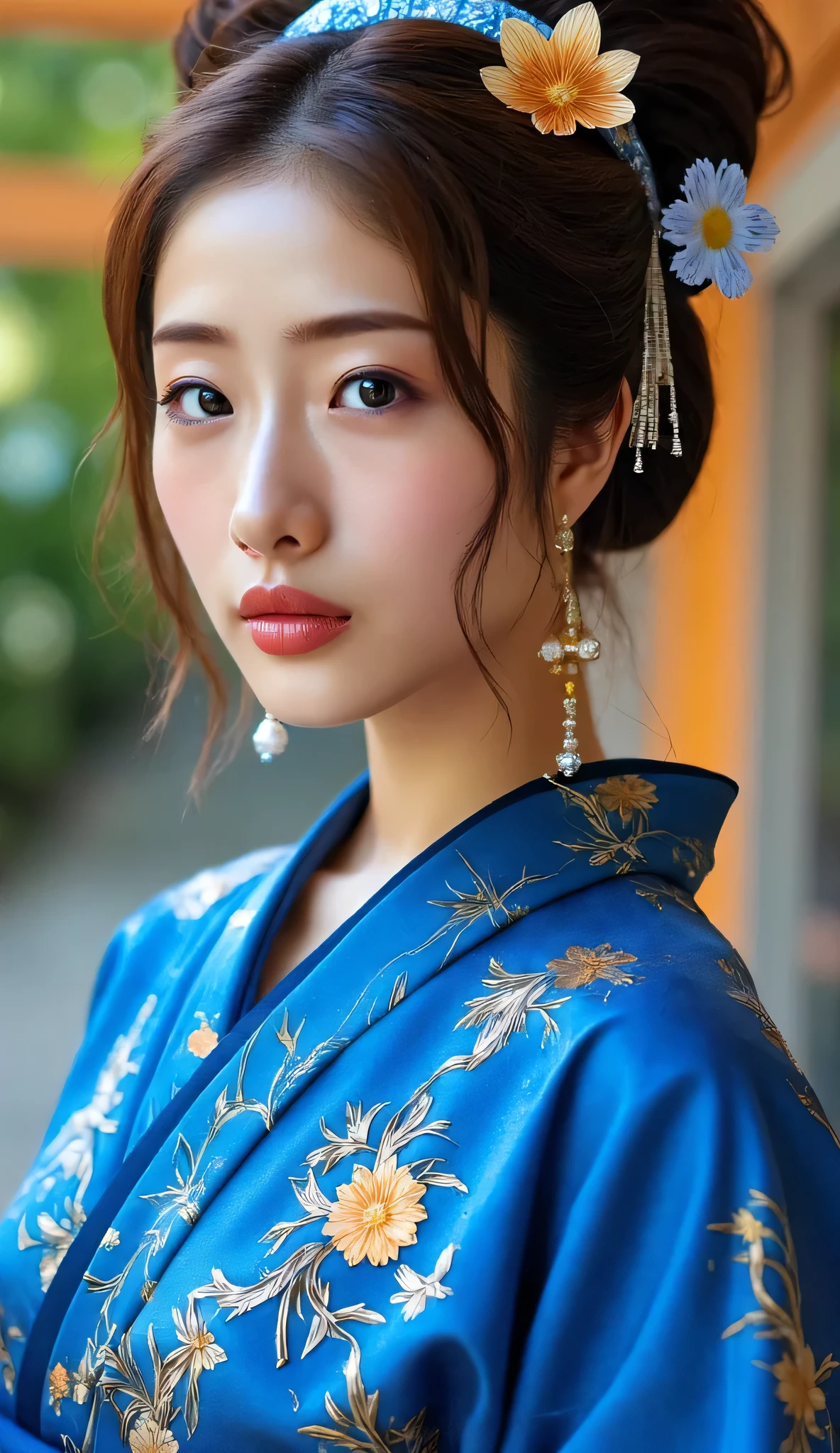 A world of only gold and blue、((masterpiece)), ((最High Quality)), perfectly detailed eyes, perfectly detailed face, super detailed nose, perfect teeth, charming, perfect face, depth of field, high resolution, ((Realistic Skin Texture)), (balanced hands), thin lips, thin waist, Utamaro's Ukiyo-e, Beautiful Ukiyo-e composition, HD, 4K, 8k, 16k, 女性の超high resolution, detailed description, A bright blue kimono and obi with a golden pattern like a work of art, A work like the culmination of Ukiyo-e, color difference, A bewitching beautiful woman in a beautiful Ukiyo-e, High Quality, facial features , ((Majestic natural scenery)),Score 9,Score 8+, score 7 +,high resolutionの写真,masterpiece,最High Qualityのアートワーク,great quality,refer to,Japanese,Outdoors,I'm putting my hair up,Looks good in a kimono ,Beautiful woman with a seductive look,Scattered Golden Petals,((A woman in a row of golden cherry blossom trees)),Seductive Kimono