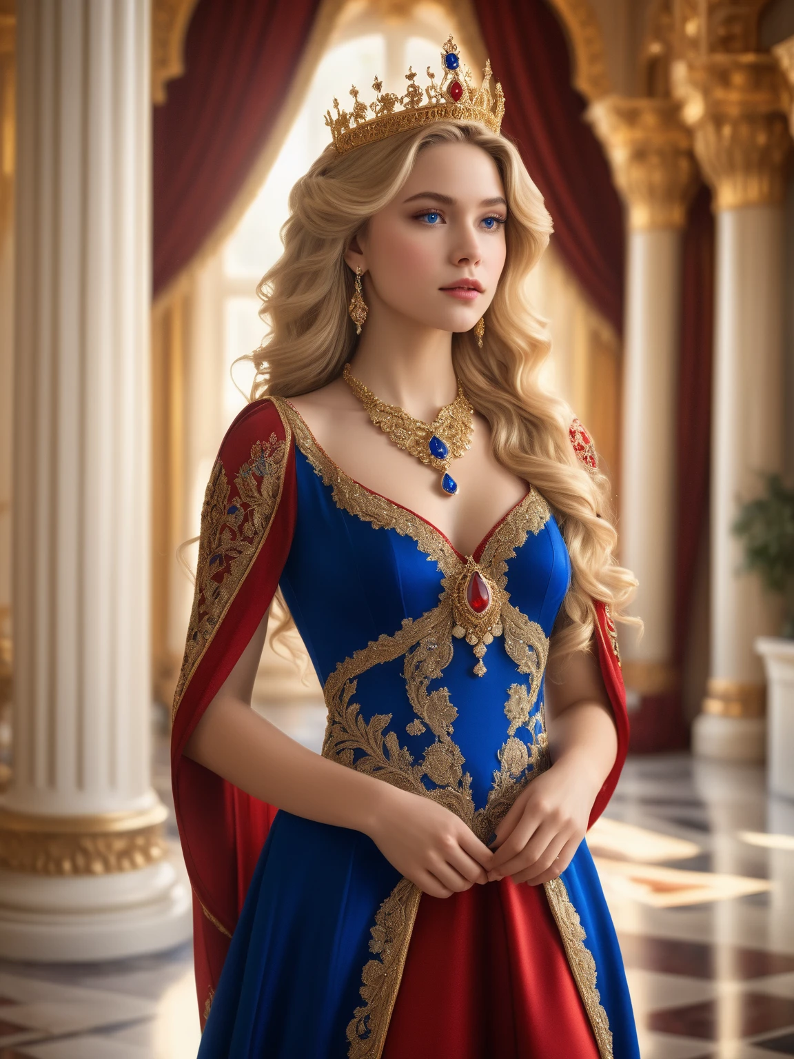 (masterpiece), best quality, expressive eyes, perfect face, 1 girl, big eyes, looking at viewer, large breast, big breast, bigger breast, macromastia, super big boobs, small waist, smooth skin, mouth half open, Best Quality, Realistic, portrait, perfect figure, highly detailed, wearing a tiara, in a castle, princess short gown, diamond necklace, blue eyes, blue & gold gown, wavy blonde hair, in a big hallway, high ceilings, throne, very long wavy hair, very short skirt, flowers in hair, showing breasts