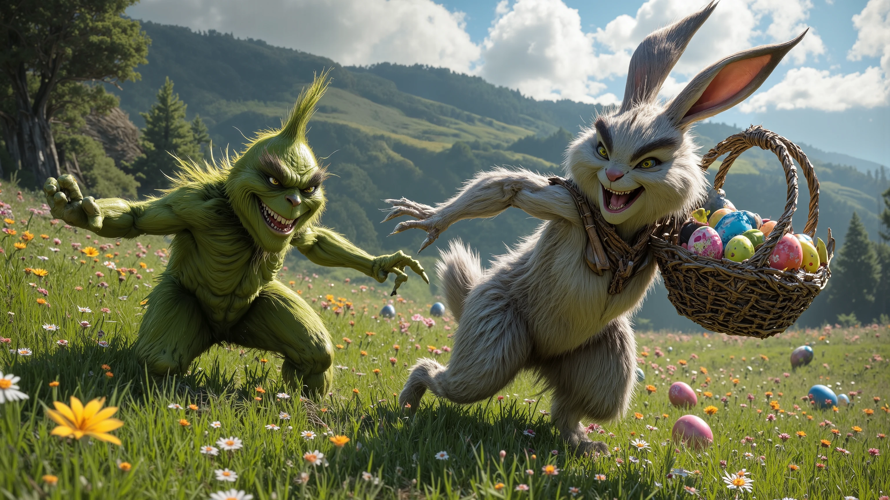 A Grinch runs a cute, friendly, Big Easter Bunny smiled afterwards. The Easter bunny with eggs in his basket runs across the meadow. A Grinch comes from behind and steals the eggs from the Easter Bunny's basket. Both are in a dynamic movement, The Easter Bunny is very cute and lovely. Fotorealismus, ultra wide angle, utopisch. 32k UHD