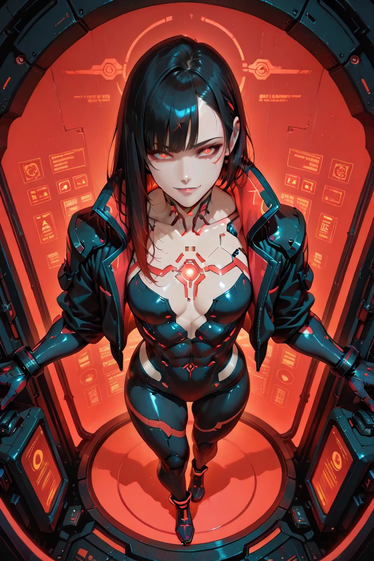 (((from face to the waist:1. 3)), (((beauty slim shape)))) best quality, hyperrealistic masterpiece, astonish anime beauty crimson tight cyberpunk mech plugsuit superheroine, portrait photorealist, perfect and realist skin, glowing sharp vivid colors eyes, HDR, 4k