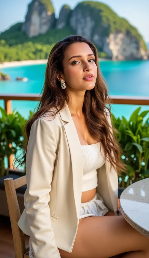 (Portrait of Fahriye Evcen), (Fahriye Evcen's face), (thin facial features and striking big black eyes, black eyelashes, bruised eyeig puffy eyelid" (white skin), (big eyeroad shoulders), (thick neck structure), (perfect straight black hair), (gorgeous natural make-up) touch up, glamorous look), (elegant, sexy and flattering colorful outfit), (Mini ruffle skirt), (upper lip big and thick), (confident and attractive expression), (she is drinking in the garden of the bar while laughing) (the view of Fethiye, Turkey in the background), (she is sitting in the garden of the bar and drinking) (Deep neckline, low-cut) (strap blouse), ((the puffiness under her eyes are visible )), (elegant attitude), (viewed from the side), (full body exercise), (drinking at the bar in Fethiye), (squinting his eyes and laughing), (breeze rustles his hair slightly), (laughter while sitting with his legs crossed and drinking his coffee beating), (happy and joyful atmosphere), (photorealistic depiction capturing every detail), (ultra-high resolution and clarity), (precision created with professional techniques), (vibrant and vivid color balanced and pleasant color palette), (dreamy touch soft lighting highlighting the added featureokeh effect), ((TeeTee1)), (a portrait with a fantasy feel), (a haunting and captivating work of art).NSFW