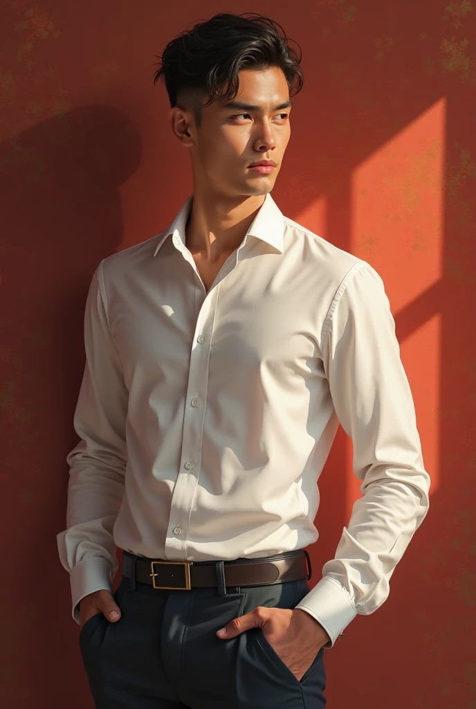 1man, a 25-year-old muscular man, wears a long-sleeved white shirt and tie, bodice, soft lighting, masterpiece, best quality, 8k ultra HD, DSLR camera, film grain, Midjourney and greg rutkowski's Fujifilm XT3 realistic painting art