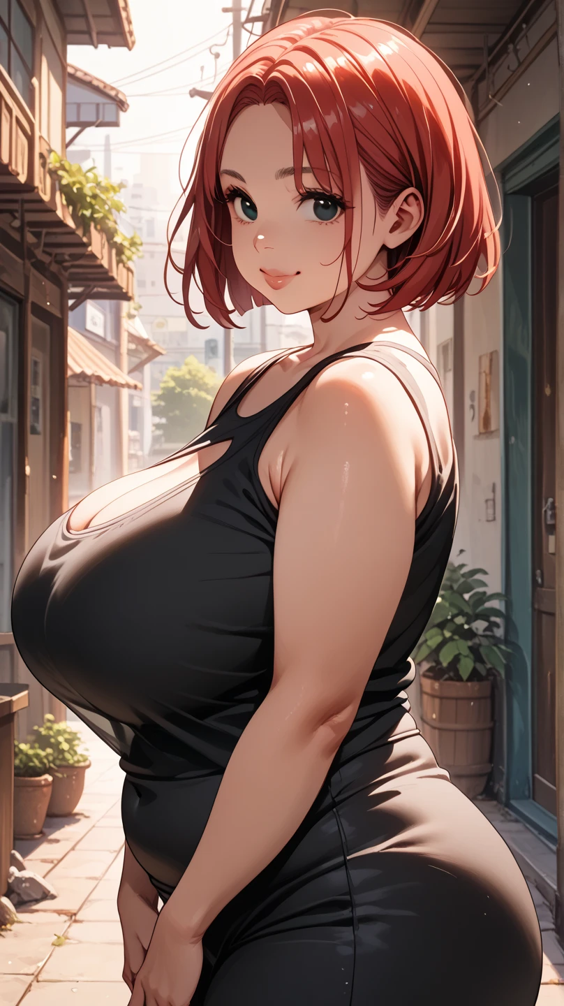 1girl,solo,super detailed skin,shiny skin,wet skin,expressionless ,eyelashes,lips gloss,red hair,bob hair,short hair ,large breasts , tank top,jogger pants,night park,masterpiece,best quality,ultra detailed,high resolution,sharp focus,depth of field