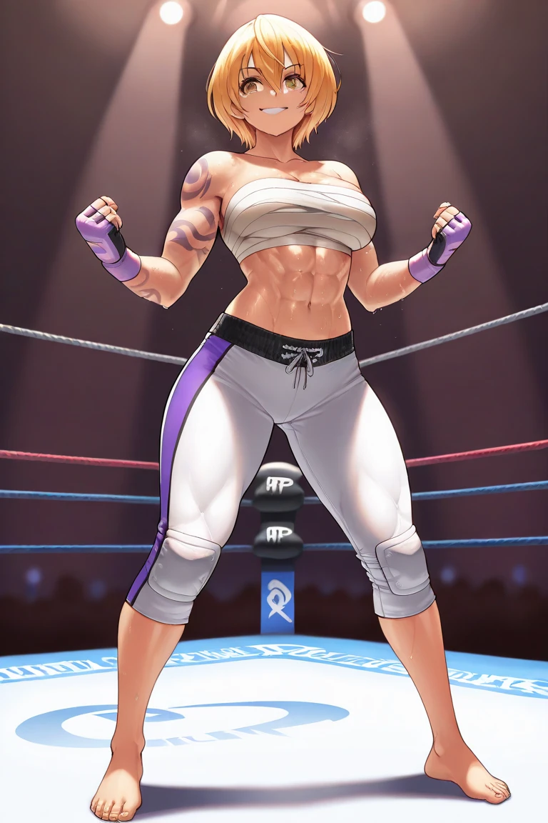20 year old woman, purple dread hair, delicate and feminine body, big breasts, dressed in boxing clothes {short shorts, top and boxing gloves}, in a boxing ring ((torn clothes))