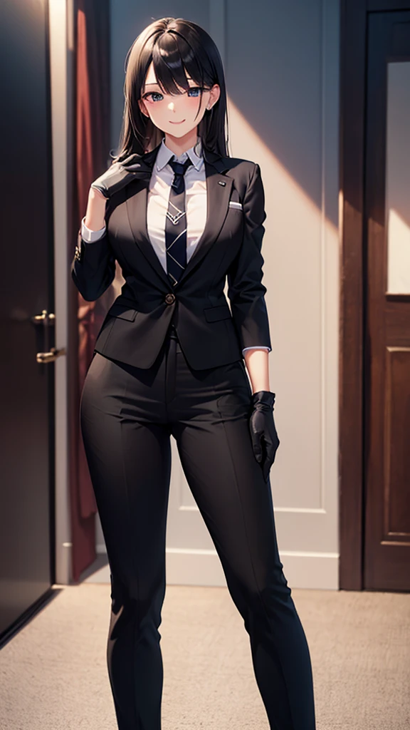 1 girl, 23 years old, long black hair, handsome face, cleeveless business suit, red tie,show cleavage, long black pants, black leather gloves, high quality, masterpiece
