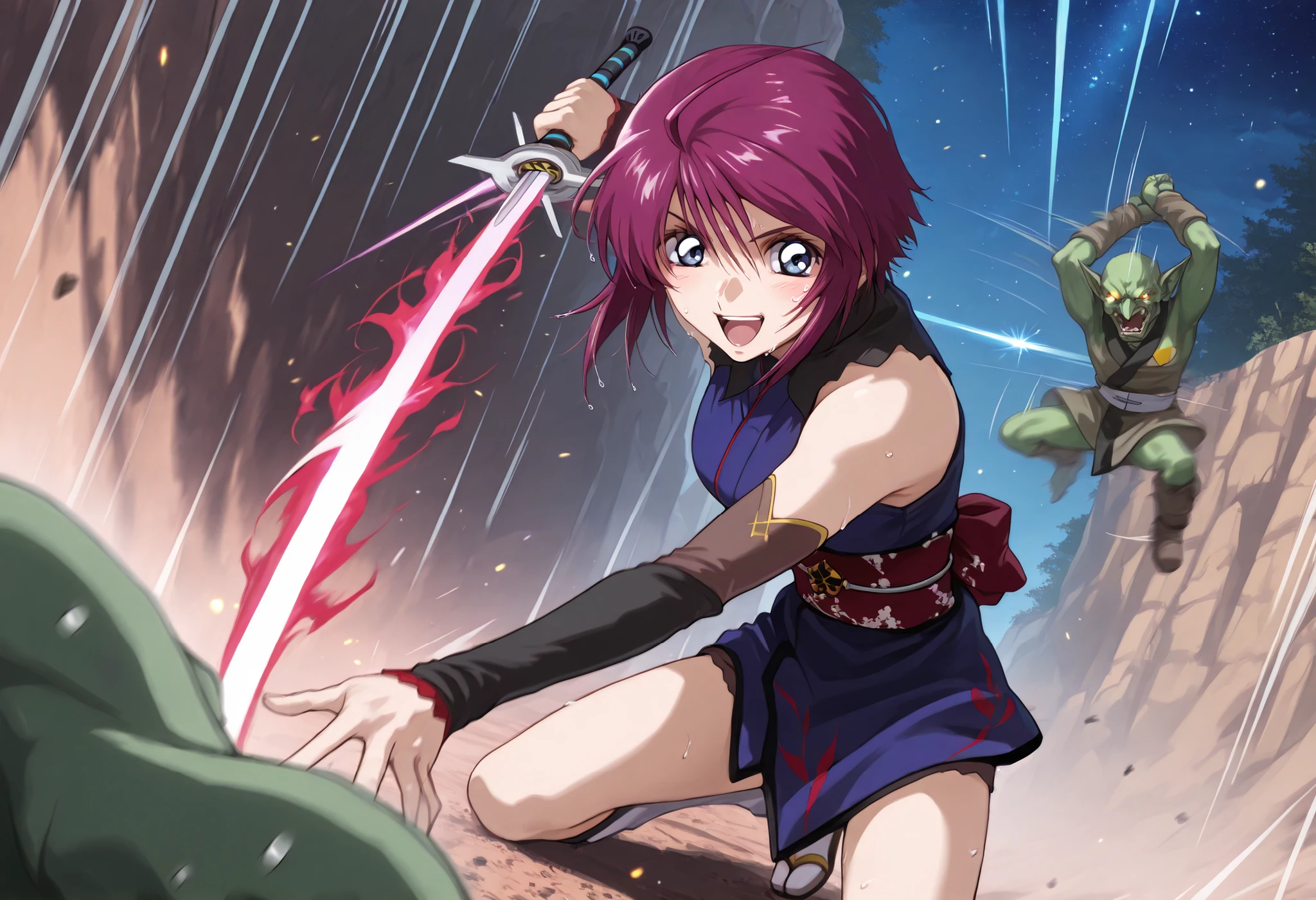 score_9, score_8_up, score_7_up, source_anime,BLE, BREAK,masterpiece,best quality, absurdres, safe 1girl,((indoor,night,,stars)),1girl,(solo),(((lunamaria:1.1))),1girl,,(((LunamariaHawke:1.1))),(((purple hair:1.3))),((ahoge:1.2)),(((short hair:1.2))),blue eyes,,(miyamoto musashi) ((bare shoulders, royal blue kimono, detached sleeves, elbow sleeve, Japanese clothes, kimono, obi, sash, sleeveless, sleeveless kimono)),sword,,NSFW,{{breathing}},full body,(Watery eye),{Wet body},,(Close-up of a girl:0.7),(((add energy to the scene. Motion Effect))), (Like a subtle blur),bokeh,full body,(nape of neck),,((Pained expression)),(((Sweat:1.4))),(grimace),blush,(((motion lines,speed line,motion blur))),(((Enduring:1.4))),(arms up) ,front view, smile outdoors , forest , nature , sword , holding sword , fighting stance , open mouth , looking at viewer , dutch angle , cowboy shot ,((outdoor)),moves violently, , Dynamic Action Pose , (((cliff))) , (((falls))) ,red fire,holding blue energy sword, battle , fight , (action pose: 1 . 4) , (vengeful spirit come's attack) , (vs vengeful spirit) , Her pose and expression convey a sense of empowerment and strength,Dynamic Action Pose ,effect,sword slash,multiple goblin monsters,goblin monster,creepy goblin,goblin cling to the girl,goblin attacking girl,pervert goblin, goblin monster, pinch,background filled with goblin,(resistance),struggle,attacked by monsters,(((no one except for 1girl:1.4)))