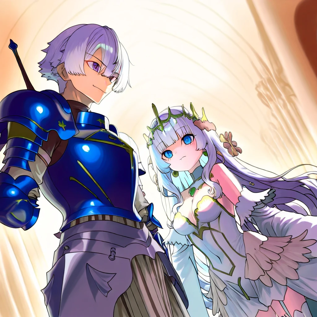 A blue haired dragon man with blue skin and golden eyes with a blue tail and golden horns is protecting a pink haired queen with violet eyes with an hourglass figure and short hair through the forest