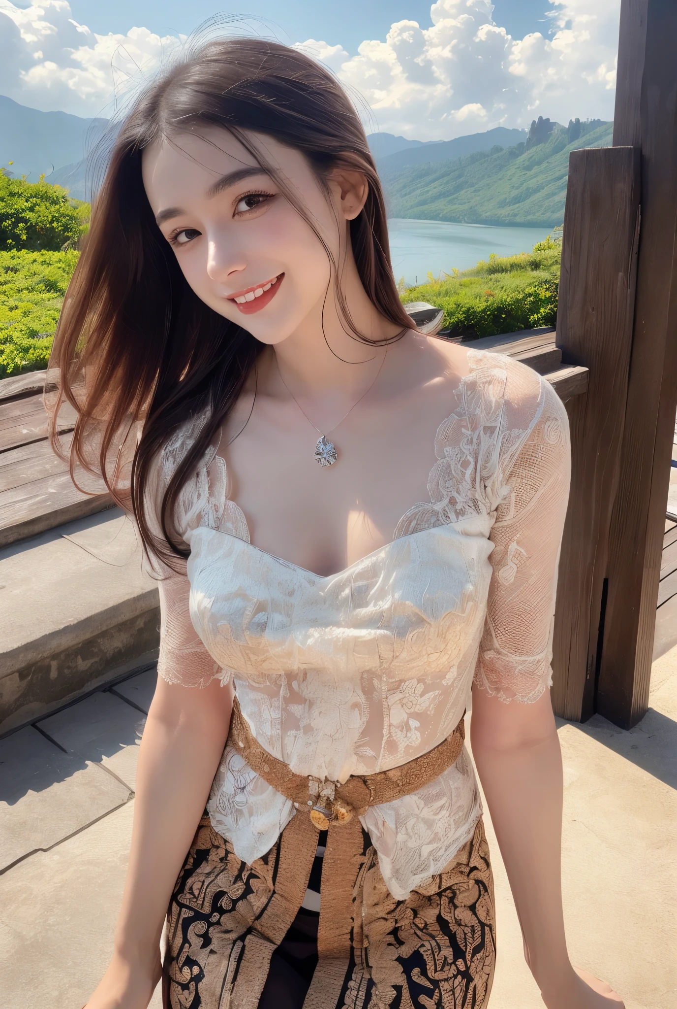 beautiful detailed face、Pale skin、Realistic glowing skin、Detailed cloth texture、Detailed hair texture、Perfect body、Beautiful Face、correct、Anatomically correct、 Highly detailed face and skin texture、Natural neck length、(Beautiful Hands)、(Fair skin:1.2)、Thin legs、Thin legs、 Break Fine Eyes、Symmetrical eyes、Light brown eyes、double eyelid、Thin eyebrows、(Glossy Lips:1.4)、((Gentle smile:1.2))、(blush:1.1)、 BREAK (Elegant and cute girl:1.3)、Medium-sized large breasts、(Slim body type:1.1)、Toned Abs、Beautiful clavicle、 (dark blonde、Wavy Hair、Long Hair:1.2)、 ((Asymmetrical bangs:1.2))、(Cowboy Shot:1.2)、Side view:0.65、((full figure supermodel standing, entire body in frame:1.4))((Flowing white dress decorated with intricate silver embroidery_long sleeve_Thin:1.3))、((standing gracefully:1.6))、((in the tranquility of a crystal-clear lake, her reflection mirrored perfection in the water's surface:1.3))((Long straight hair_Hair reaching down to the waist:1.3))((look down at the viewer,from below:1.5)),((Facing towards the right side:1.5)),