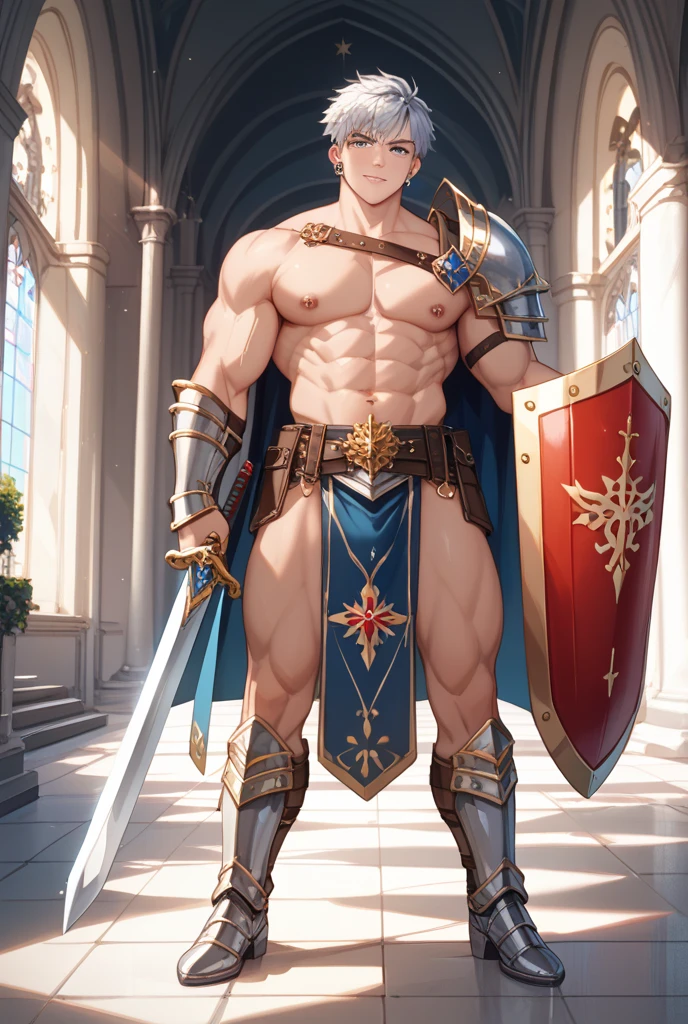 Teenage American-japanese boy 18 years old, young warriors , skinny fat body ,sexy armour, shirtless, gold belt,Tanga underwear nude style, carry katana sword on back standing in Sanam Luang Bangkok,