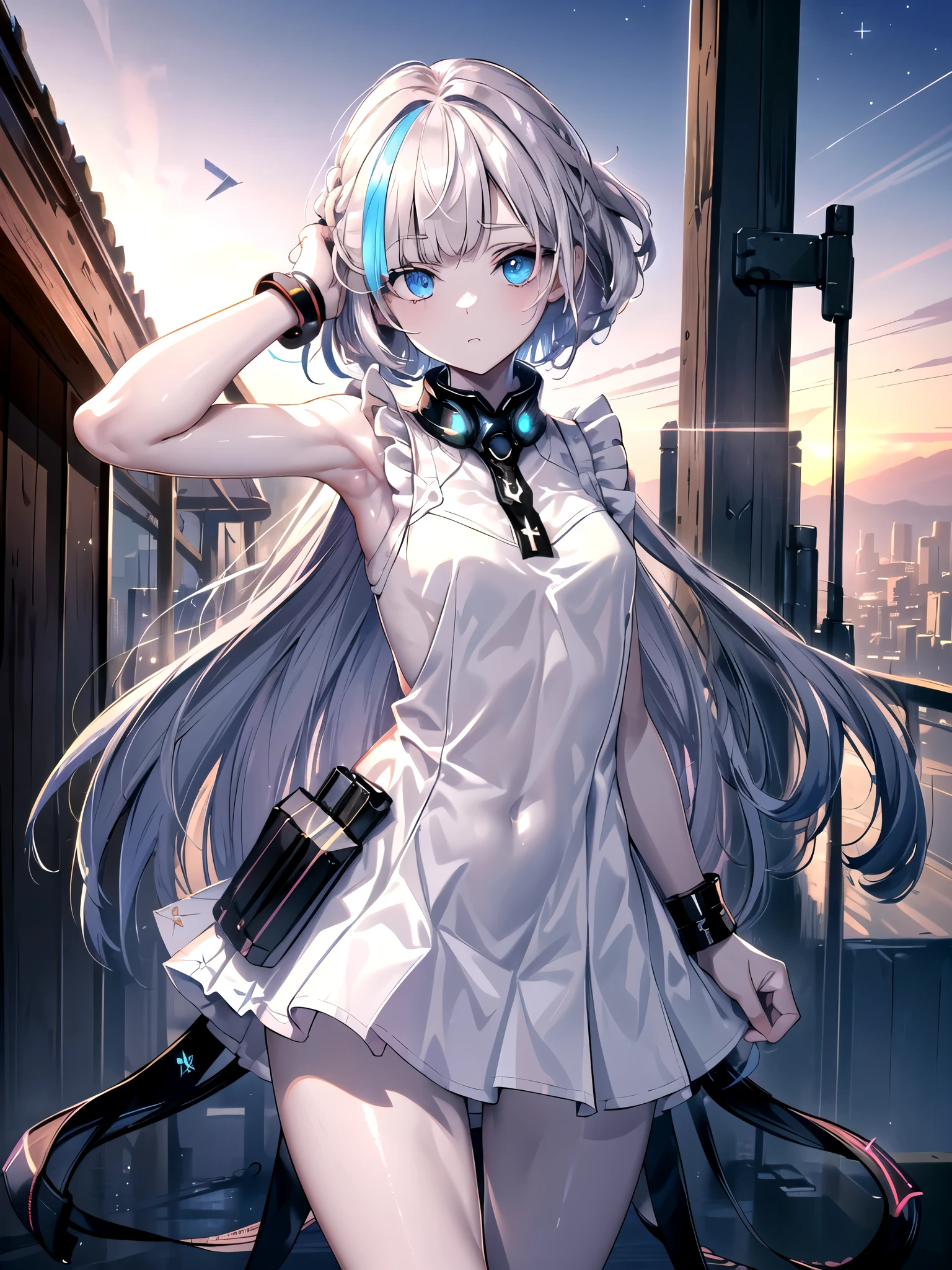 (((masterpiece, best quality, ultra high resolution))), (((wide shot))), 1 girl, standing, uniform, white office shirt, black pleated skirt, ((light brown hair:0.7)), Long Haircuts, pale skin, ((blue eye)), Shine_eye, neon eye, (ultra detailed eye, Beautiful and delicate face, detailed eye), ((subject placed in the center)), ((wide shot)), towards the viewer, eye線, (sunset background), Flat-chested, viewers, ((half closed eye)), ((perfect hand in h)), (((head:0.9, weapons, standing, Elbow, holes in my nose))), ((put hands around back)), empty eye, beautiful lighting, outside, 屋outside, shooting star:0.7, background, Defined Subject , huge hot sun, Age 25