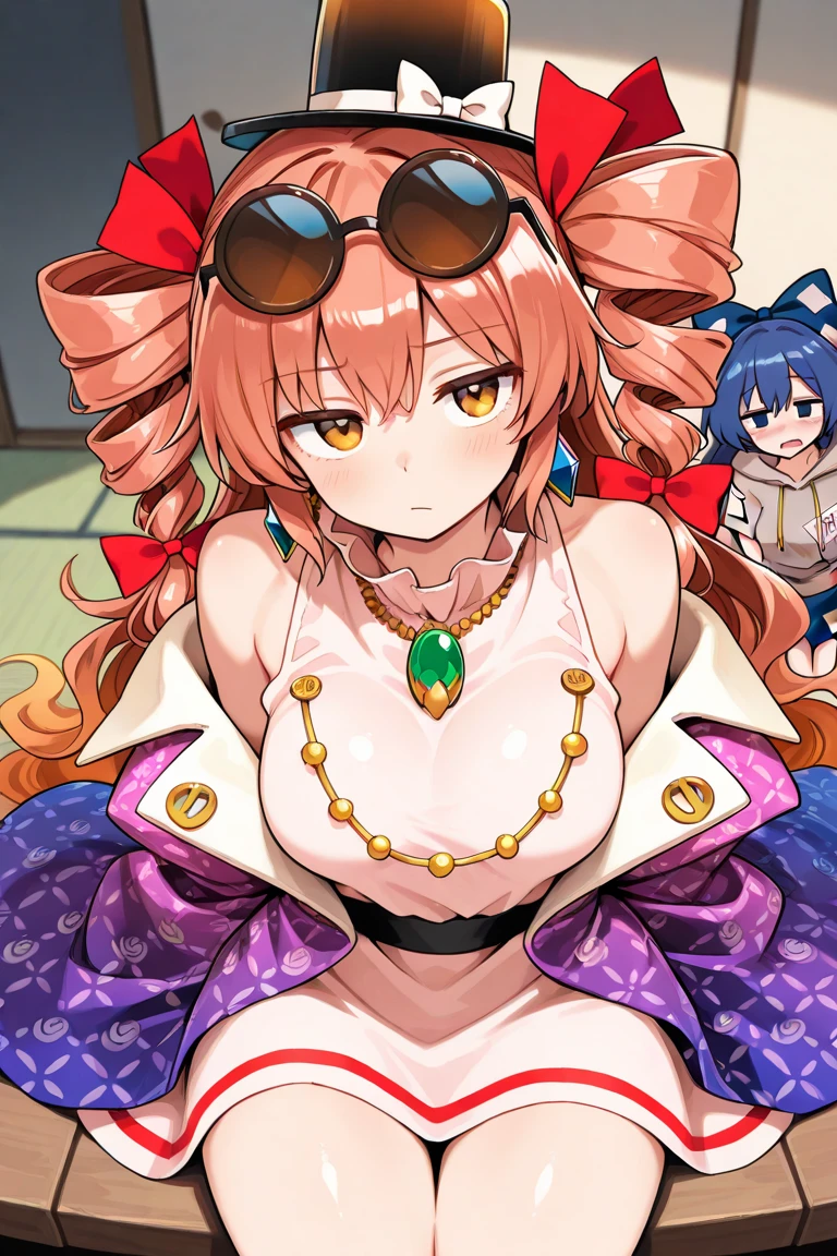 (Medium shot), (masterpiece), (Ultra Quality: 1,5), (best image: 1,5), (hyperrealistic), (Front view), (masterpiece, Best Quality), 1chica, Mitsuri Kanroji, beautiful, smiling, small colorful party hat on head, kneeling on a sofa, naked, (body wrapped in a big gift bow: 1,4), (body wrapped in wrapping paper: 1,5), Wide hips, medium breasts {Round, happy}}, room environment, granulated, blurred background, (ray tracing), (party decorations in the background), (soft focus), fujicolor, color diffraction, deep shadows, (chiaroscuro: 1,1)