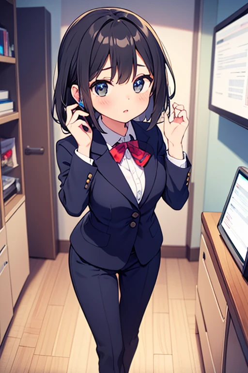 highest quality, Flying debris、Beautiful woman、officeレディー、Black Hair、(Brown eyes、Big Breasts、Blunt bangs)、short hair、チェック柄のダークブルーのofficeスーツ)、new employee,Full Body Shot、Female office lady、break(Dark blue checked vest、White dress shirt、Navy blue mini tight pencil skirt:1.2)、(Black Pantyhose、garter belt、High heels)、break(office:1.3)、Cleavage、Shirt buttons fly off、Absolute area、Blushing、Embarrassed、Standing posture、Open your mouth、Exposing the breasts、Bare your breasts、No panties、No bra、Nipples are visible、Expose the nipple