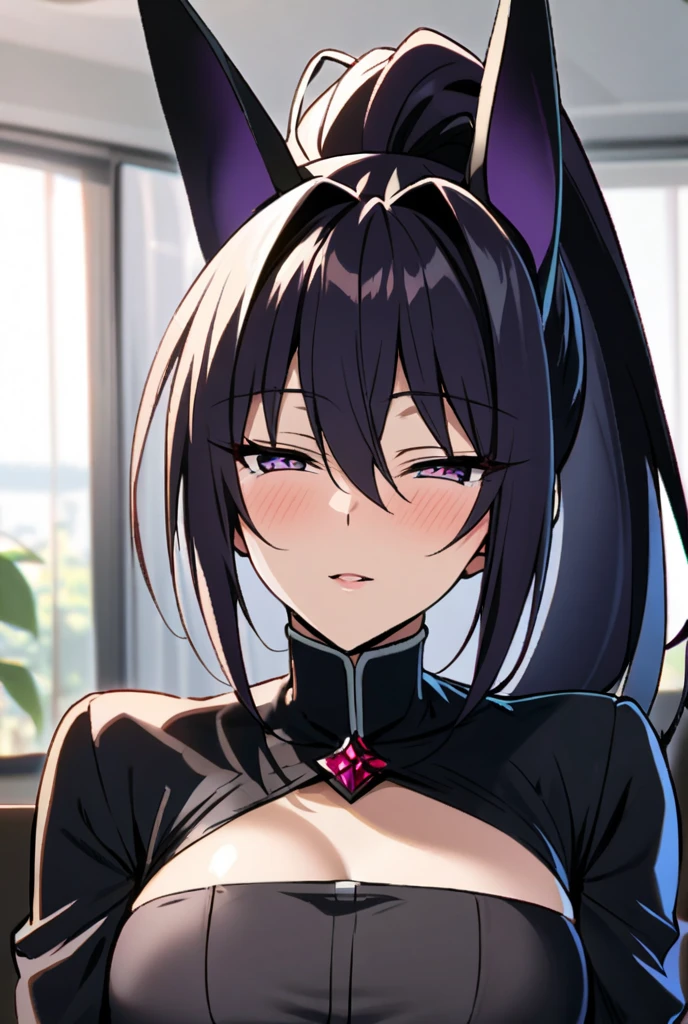 Anime Style Portrait of a sexy, African catgirl, with Jet-black Hair, purple eyes, dark-skinned, black cat ears, 1tail, perfect composition, hyper-detailed, 8K, high quality, perfect eyes, trending art, trending on artstation, sharp focus, studio photo, intricate details, by Tite Kubo