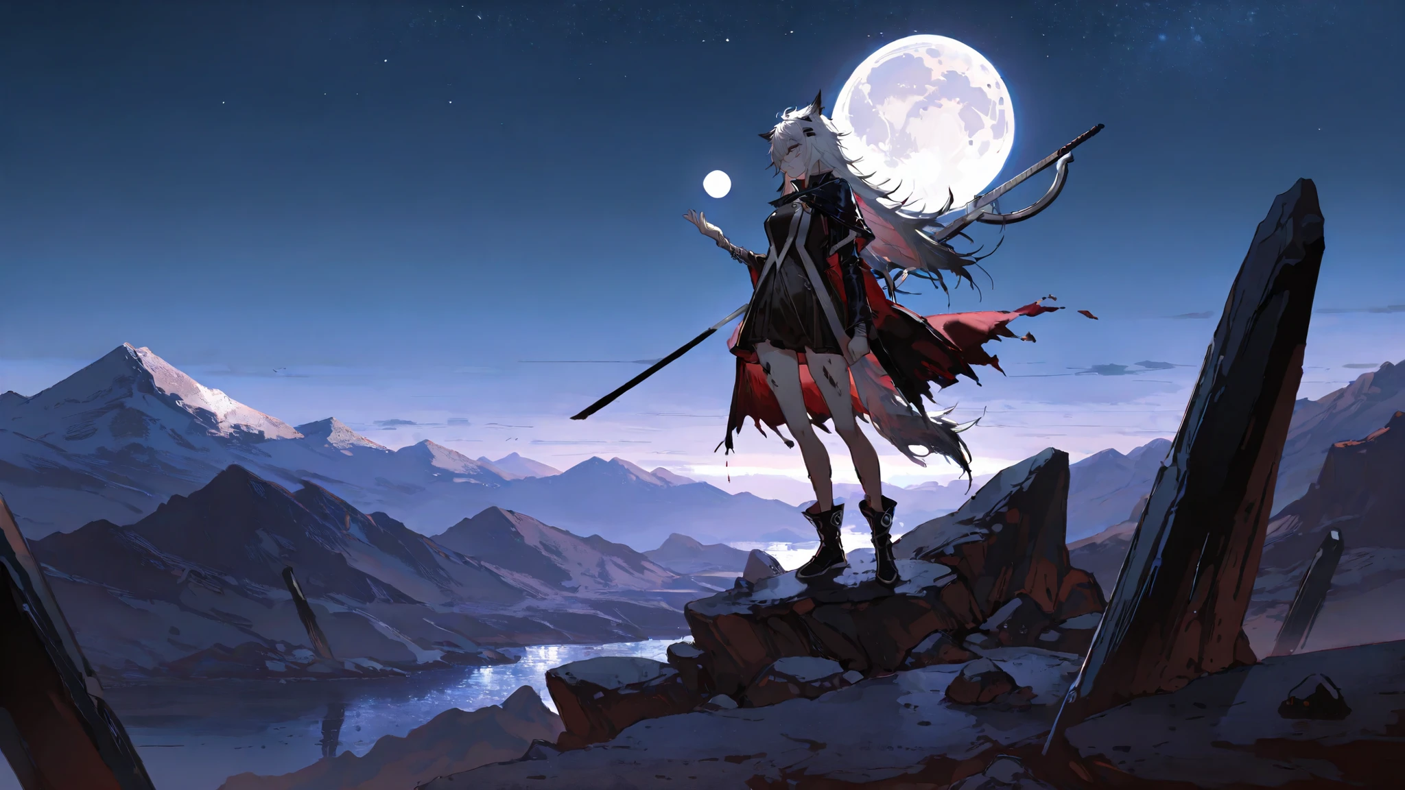 masterpiece,best quality,Super Details,8k, arknights, human hand, white hair, lappland, midnight, solo, one girl, A girl standing on a mountain top , illuminated by soft moonlight, contrapposto , The scene captures her from a distance, full moon, stars, standing against the bare rock, shooting stras,