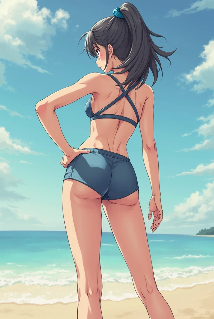 A Disney Pixar-inspired movie poster with title "domingo de sol".
(A woman with curly hair in a beige bikini and black cap, a man in a black Nike cap black shorts black and white shirt, with his back to the sea). The scene should be in the distinct digital art style of Pixar, with a focus on character expressions, vibrant colors, and detailed textures that are characteristic of their animations, with the title “domingo de sol”