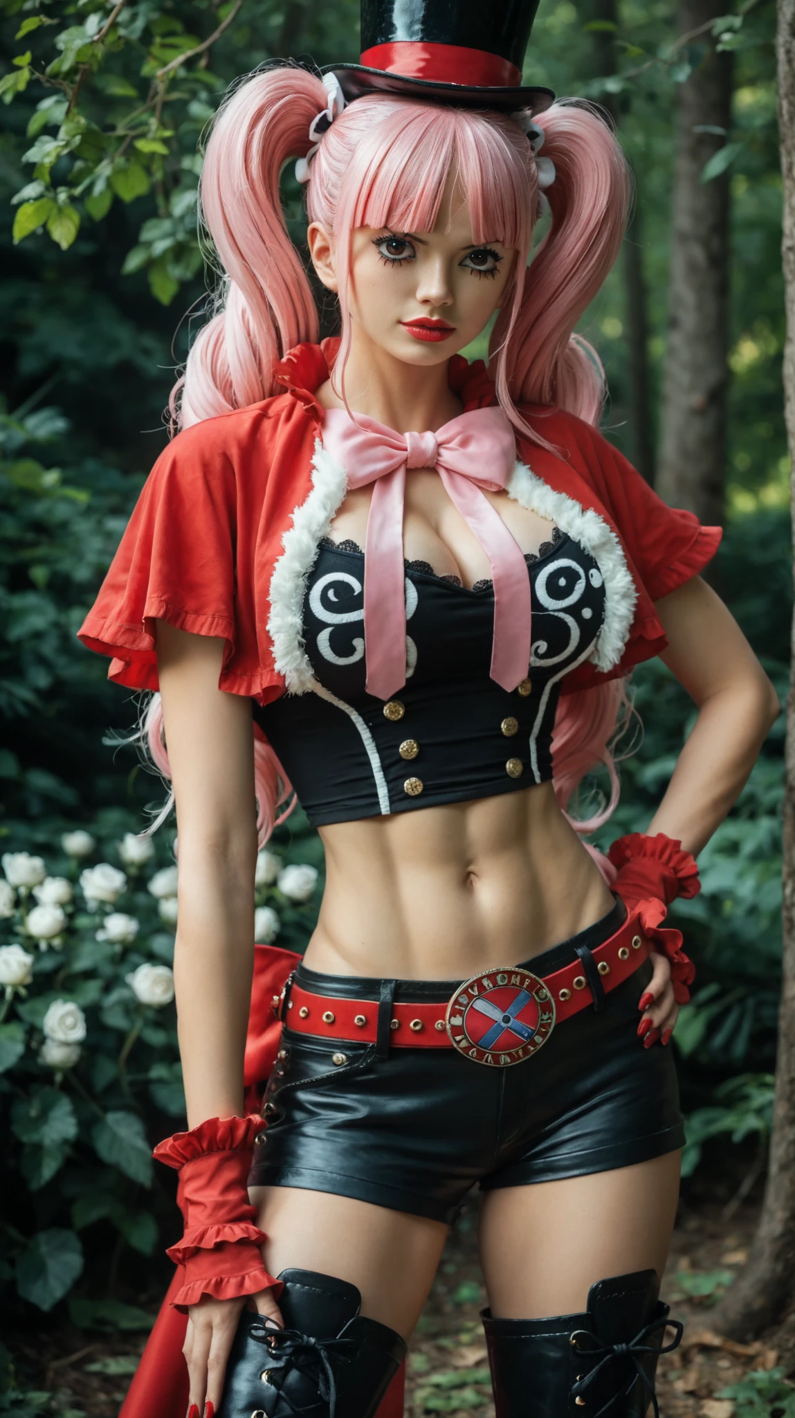 1 girl, alone, realistic style, anime fantasy fashion, slim build, medium shot in 3/4 view, standing in a magical forest inspired by the One Piece universe, wearing a red and white cropped military-style top with gold accents, showing her large breasts and toned flat stomach, paired with tight black shorts with red detailing, matching red accessories and ribbons, glossy red high-heeled boots, large black top hat decorated with white roses, very long pink hair styled in thick side drills with straight bangs, soft confident expression, charming big expressive eyes with long curly lashes, gothic makeup with bright red lipstick and subtle eyeliner, mysterious and adventurous atmosphere, soft cinematic lighting, emulating a Canon EOS R5 with 85mm lens at f/1.4, composed using the rule of thirds, Asian, beautiful, (25 years old), toned stomach, charming, highly detail