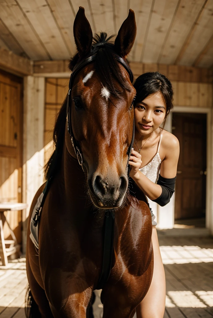 Best Quality, ultra high definition, (photorealistic:1.4),evening light, Horse tail, Korean women, Detailed photo, smiling, sexy, black shirt, in front of the camera, close up (Masterpiece: 1.3), (8k, photorealistic, Best Quality: 1.4), (1 girl), beautiful face, (realistic face), (black fur, short hair: 1.3), beautiful hairstyle, realistic eyes, Beautiful eye details, (realistic skin), Beautiful skin, (sweater), absurd, attractive, ultra high resolution, ultra realistic, High Definition, golden ratio