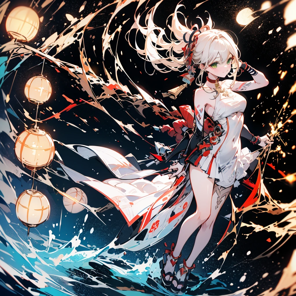 a girl，Sheep&#39;s horn, full color,  long white hair, Red眼睛 ，Eyeliner, immerse in water, black transparent clothes, Red, open air, Rose, night, ruins, Butterfly，back view，big asutt close-up
