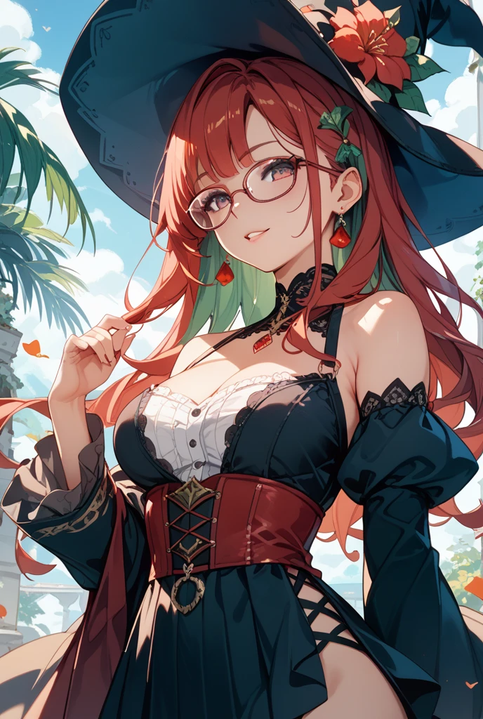 1girl, bare shoulders, breasts, cleavage, crossed legs, detached sleeves, from above, hat, medium breasts, light smile, long hair, parted lips, raised eyebrow, red eyes, red hair, shiny, shiny skin, sitting, solo, thighs, wide hips, witch hat, mountain, grass, sky, glasses,