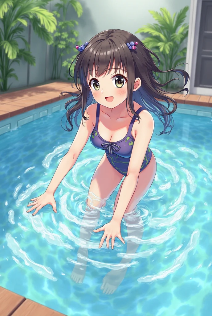 Anime, girl, girl in a swimsuit, girl in a swimsuit with a tube that is inserted into a swimsuit, pees, pees herself, pees with yellow urine, pees into a tube that is inserted into a swimsuit, yellow urine flows from a tube that is inserted into a swimsuit, urine flows into the pool, bright yellow urine dissolves in the pool