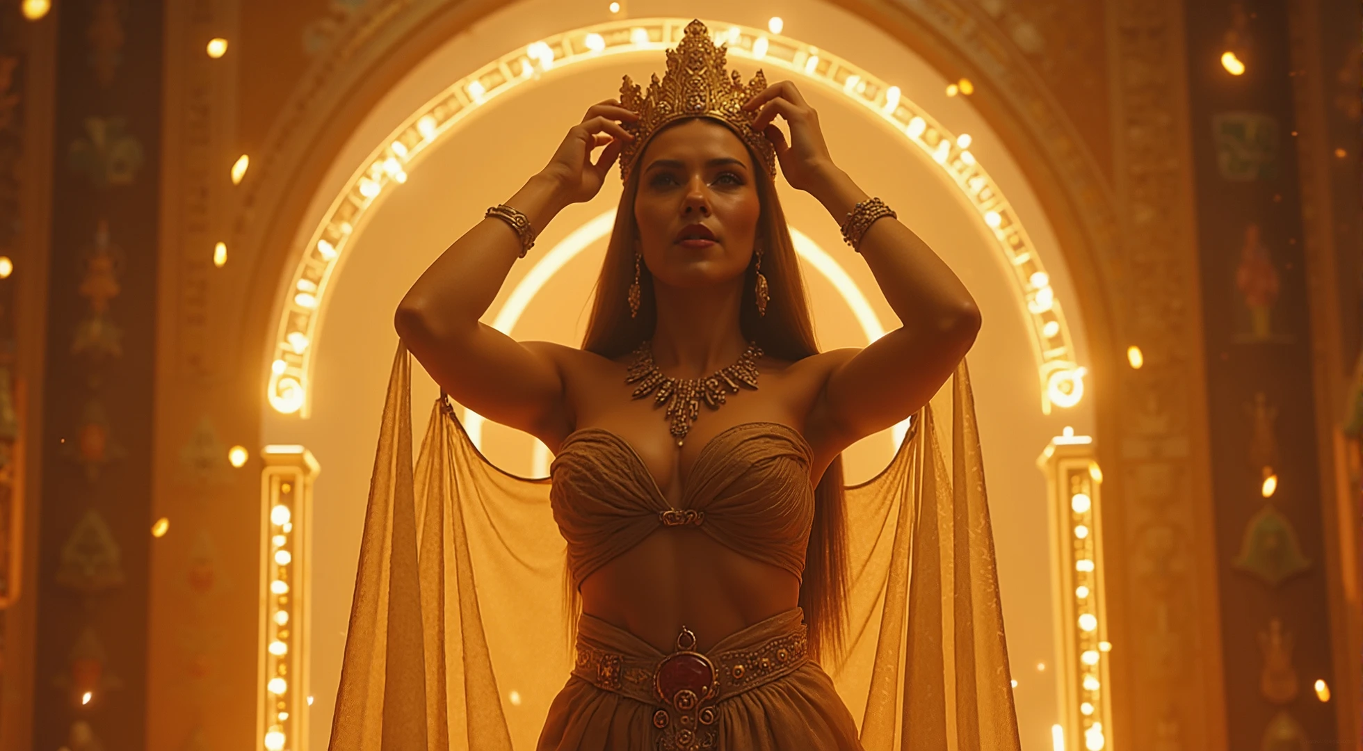 A stunning Turkish fantasy guardian queen being crowned inside a glowing ancient throne room, wearing a sensual and ornate sheer royal outfit with magical patterns, golden jewelry wrapping around her waist and chest, high slit transparent fabric, soft lighting accentuating her curves, magical throne behind her, floating golden particles in the air, cinematic fantasy CG render, artful and tasteful style, Unreal Engine look, No shirt tattoo