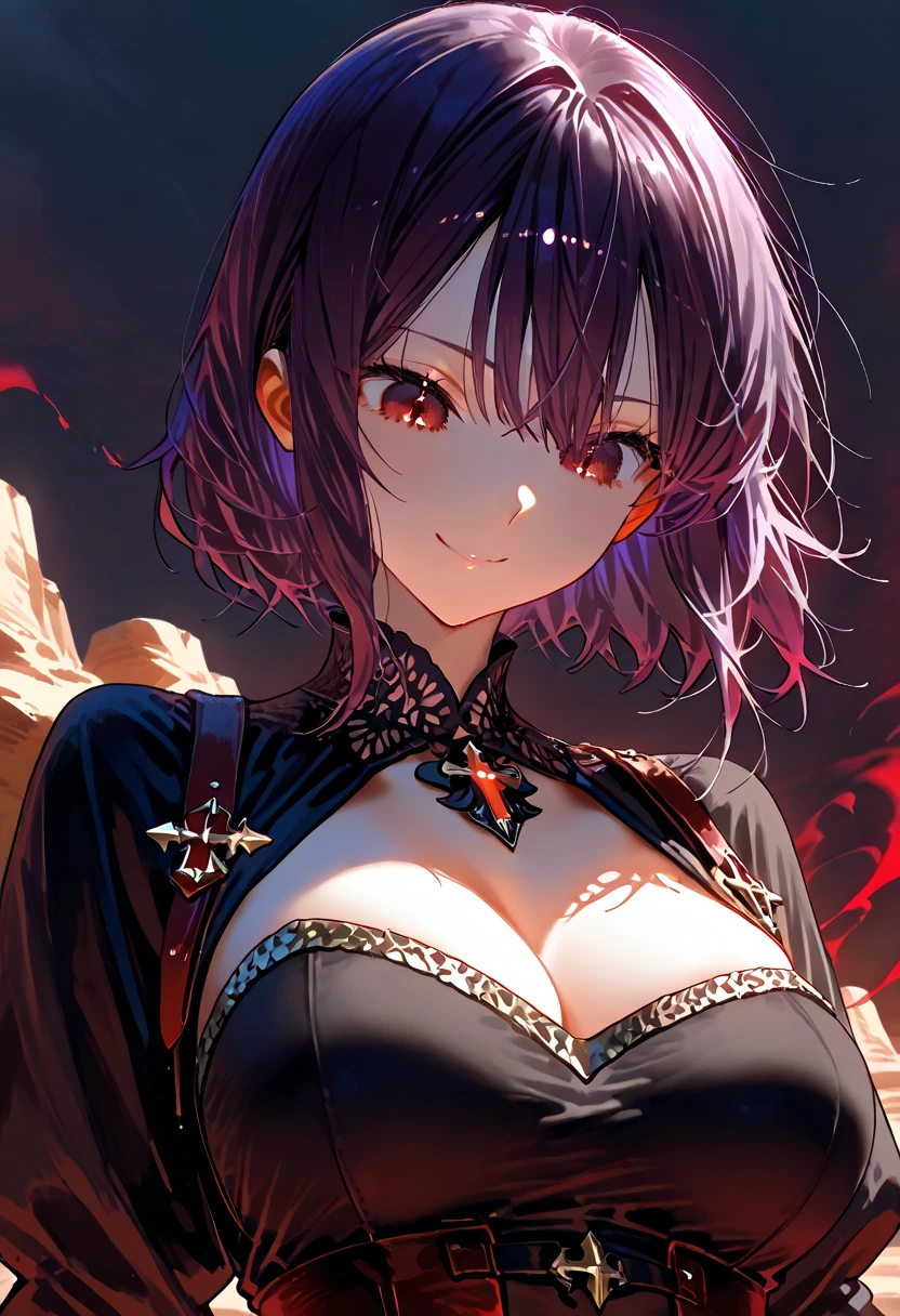 (masterpiece, highest quality, super detailed, best shadow), (detailed background,dark fantasy), (beautiful and detailed face), high contrast, (best illumination, very delicate and beautiful), ((cinematic light)), colorful, hyper detail, dramatic light, intricate details, (1 girl, alone,Red hair, sharp face,purple eyes, hair between eyes, bob cut, curly hair, natural make up,dynamic angle, big breasts, open chest, head shot, idol, woman), cheerfulness, smile, look ahead,