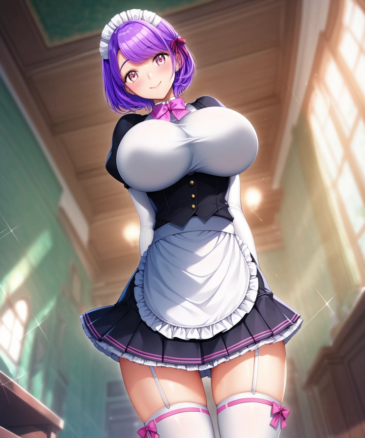 1girl, huge breasts, breasts, wide hips, thick thighs, mature female, milf, purple hair, medium hair, short hair, yellow eyes, black headband, headband, maid uniform, skirt, miniskirt, panties, thighhighs, smile, maid