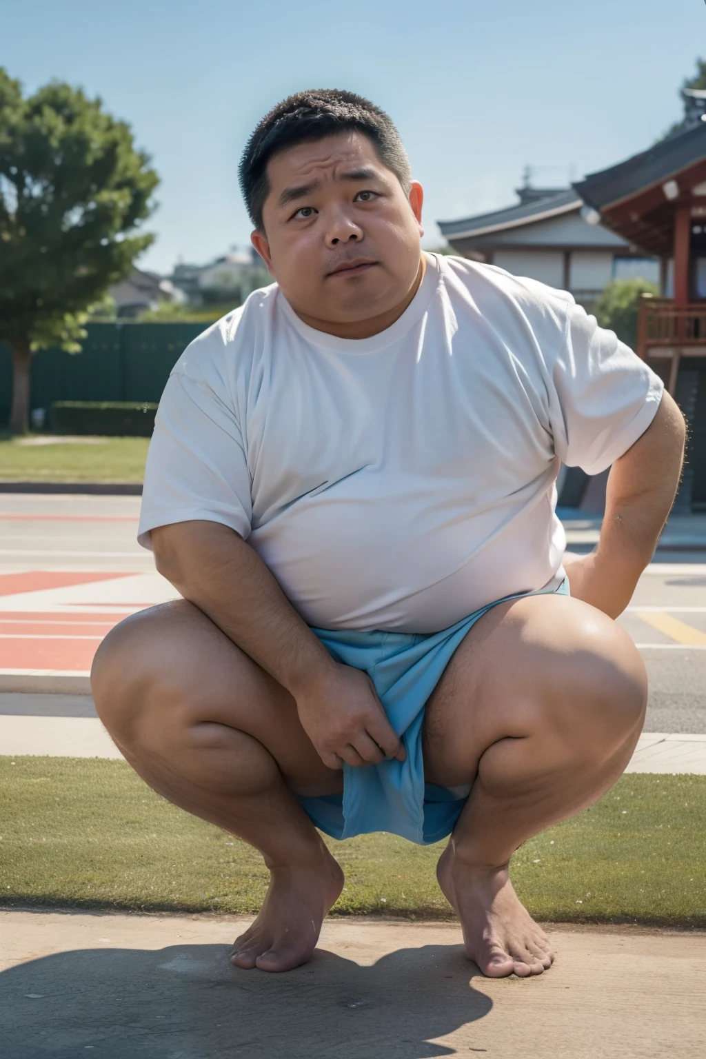 Thick Japan middle-aged man in his 50s, 1man, retarded, Dwarfism, He wears a light blue shorts, Bare Thighs, Pampers, shirtsless, ((peeing self, wetting self, pee stains,)), ((trembling, fear expression, scared, looking at viewer)), kindergarten background, It's a sunny day, Incontinence, He stand and cried in playground, Full body, a picture, 8k, high detail photo, Masterpiece