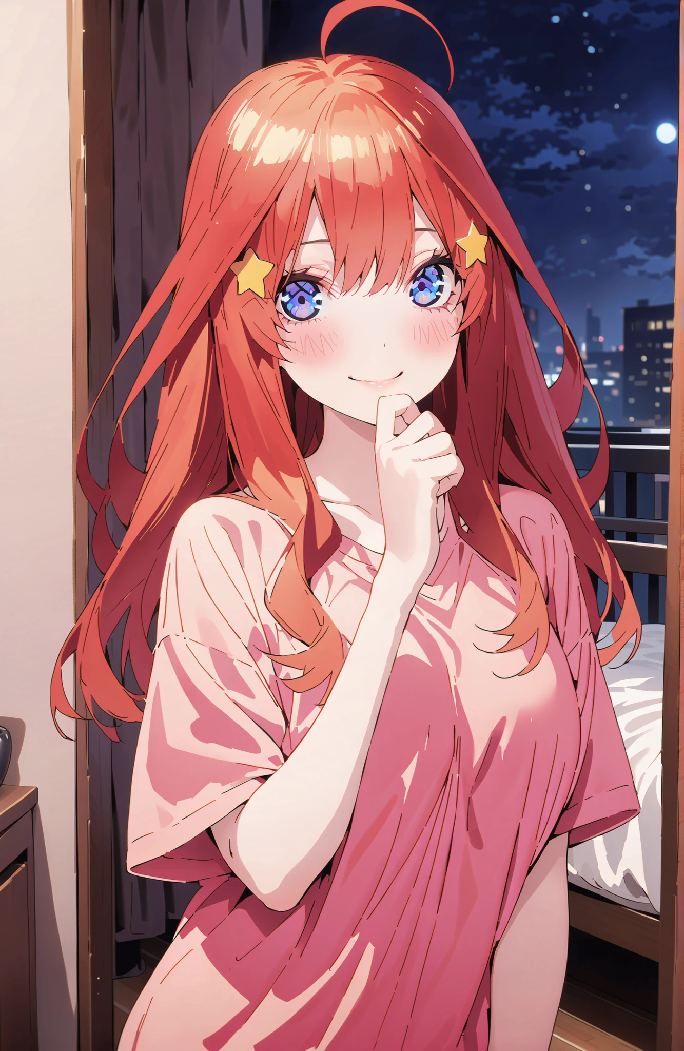 Nakano Mizuki , long hair, blue eyes, hair ornament, red hair,stupid hair, glass, star ( symbol ), semi-rimless eyewear, underrim eyewear, star hair ornament, Big Breasts,cleavage,oversized t-shirt,blouse,Bare legs,bed with sperm hanging from my crotch looking greedy,curtains,window,night,綺麗なnight景, Beautiful Streetscapes,moonlight,smile,blush,close your mouth,narrows her eyes,full bodyがイラストに入るように,break looking at viewer,full body,
break indoors,bedroom,
break (masterpiece:1.2), best quality, high resolution, Unity 8Kの壁紙, ( illustration :0.8), (beautiful detailed eyes:1.6), very detailed faces, perfect lighting, very detailed CG, (perfect hand in h, 完璧な解剖学),