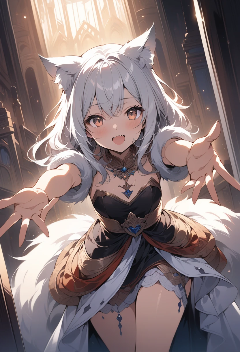 furry, female, arctic Fox, green eyes, black sclera, night, glowing hairs, fluffy tails, breasts, tribal outfit
