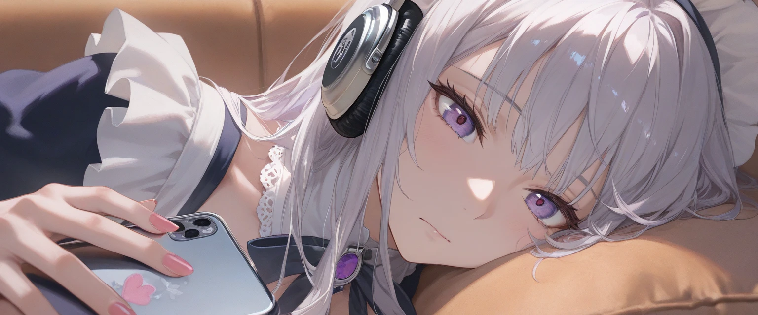 a girl, Pale, almost iridescent skin with a lavender undertone Long silver hair with pastel lilac and electric‑blue streaks Piercing lavender eyes that flash when she’s casting wards or live‑streaming Holo‑manicured nails etched with rune motifs, france maid outfit, lying on sofa, grabbing phone, headphone, phone case, first person, look at viewers, detailed eyes, UHD, retina, masterpiece, accurate, anatomically correct, textured skin, super detail, high details, high quality, award winning, best quality, highres, 8k, sleepy face, close-up, UHD, retina, masterpiece, accurate, anatomically correct, textured skin, super detail, high details, high quality, award winning, best quality, highres, 8k, front views