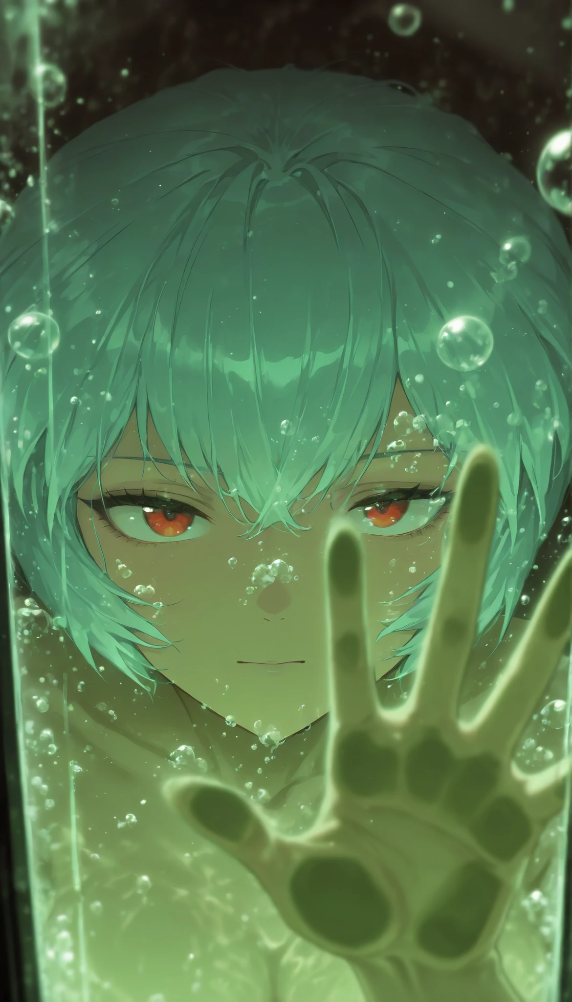 Ayanami Rei, eyes half closed, nude, shaded room, night,Inside a giant hatching tank, Floating, Underwater, translucent greenish liquids, Bubbles, Hand on glass, ojos rojos, (facial focus, face in the foreground, Launch , portrait, in front),looking through with curiosity of the aquarium glass. Her right hand rests on the glass, while her left hand hangs relaxed at her side. Their posture causes their breasts, big and bulky, to press against the glass , they are slightly deformed by the contact