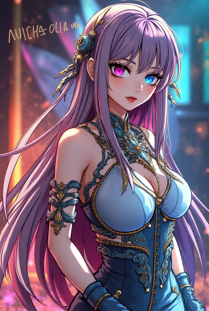 Beutiful woman, full hd, master piace, high quality, super detail, purple hair, green eyes, close-up, cinematic lights, high-neck sleeveless plaid dress, gold bracelet, colorful flower tattoo on arms