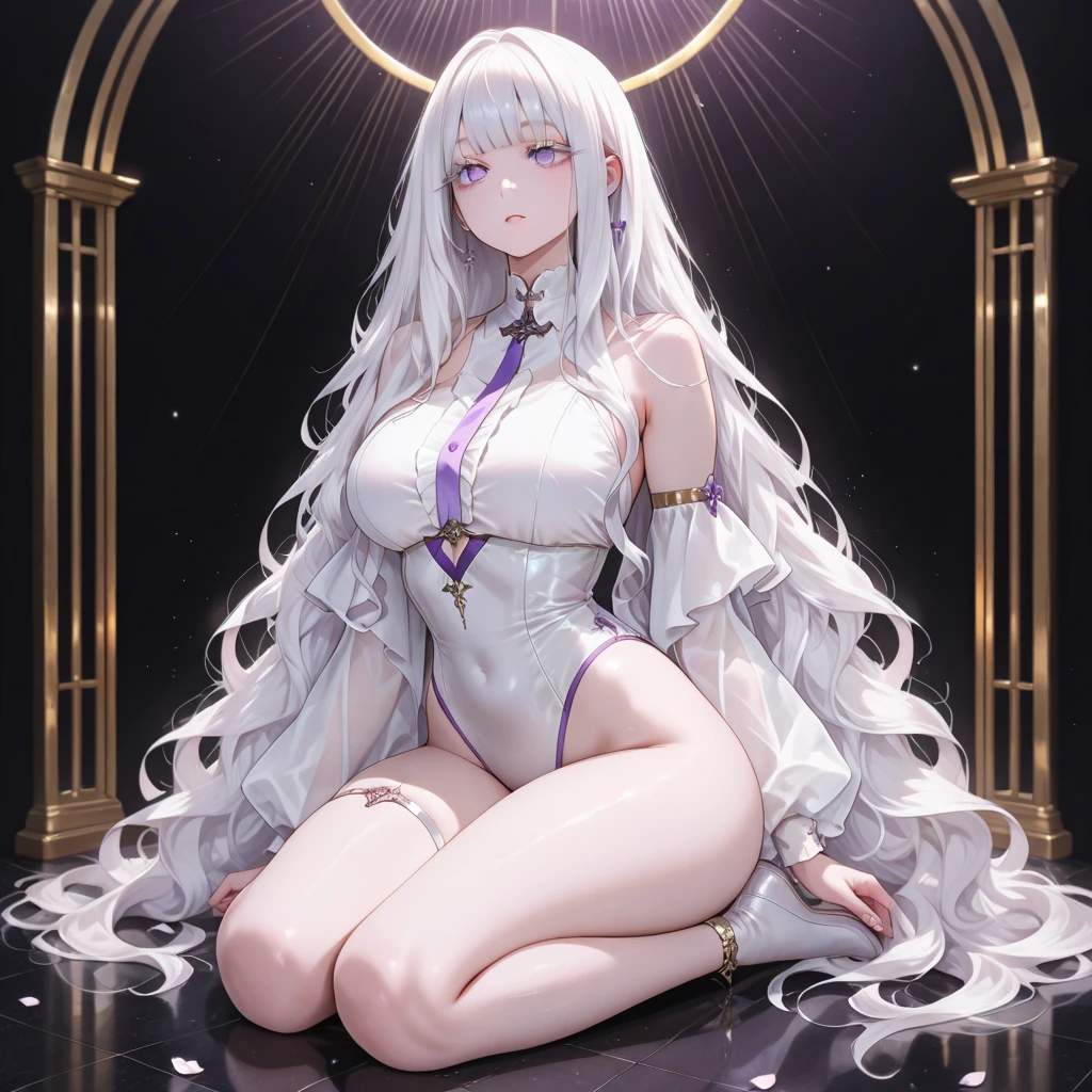 best quality, masterpiece,gray hair, golden eyes,white clothes, search,hair,fair skin,side braids,,(very detailed),(Really delicate and beautiful face),(detailed beautiful eyes),big bust,redness of ears,blush light smile, Exotic eyes, nobility, royalty,closeup, detailed texture, whole body,Precise and perfect human body,Exquisite and perfect facial features,hair over shoulders,long eyelashes,The most beautiful big eyes,glowing skin,looking at viewer,himeno, 1lady solo, perfect breasts,Fantastic dress,depth of field, warm and inviting atmosphere, shy, alone, Not NSFW, sexy, emphasizing the chest, There is a halo behind the figure, Definitely not NFSW,Not yaughty