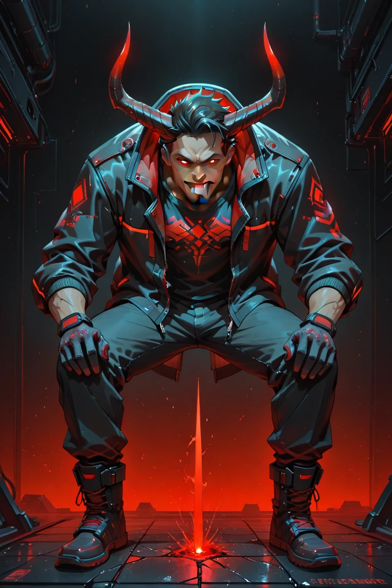 A DEMON (MAN) (30 YEARS) WITH RED EYES CYBERPUNK STYLE PORTRAIT STYLE (long hair)(full body) very strong --auto --s2